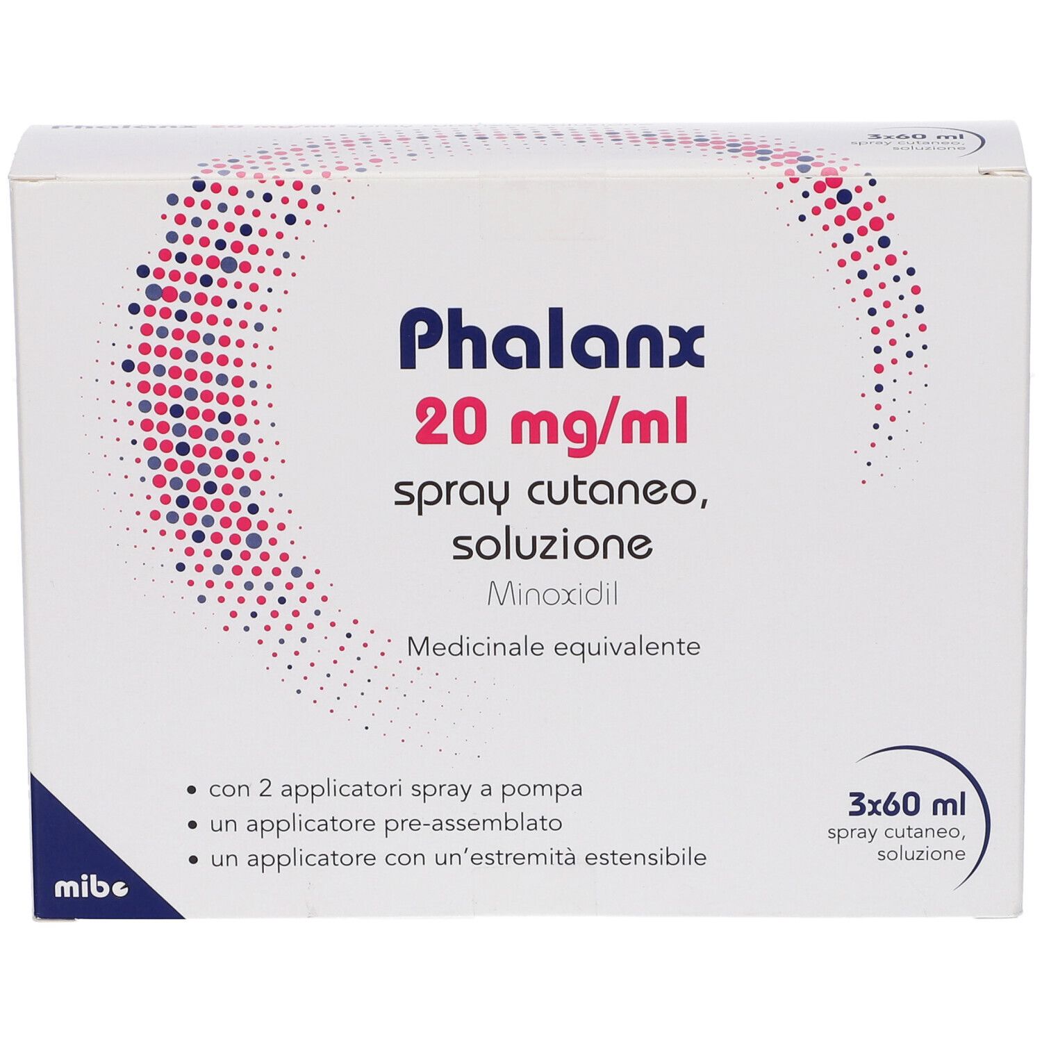Confezione di Phalanx 20 mg/ml spray cutaneo, soluzione. Contiene 3 flaconi da 60 ml. Con applicatori. Prodotto medico.