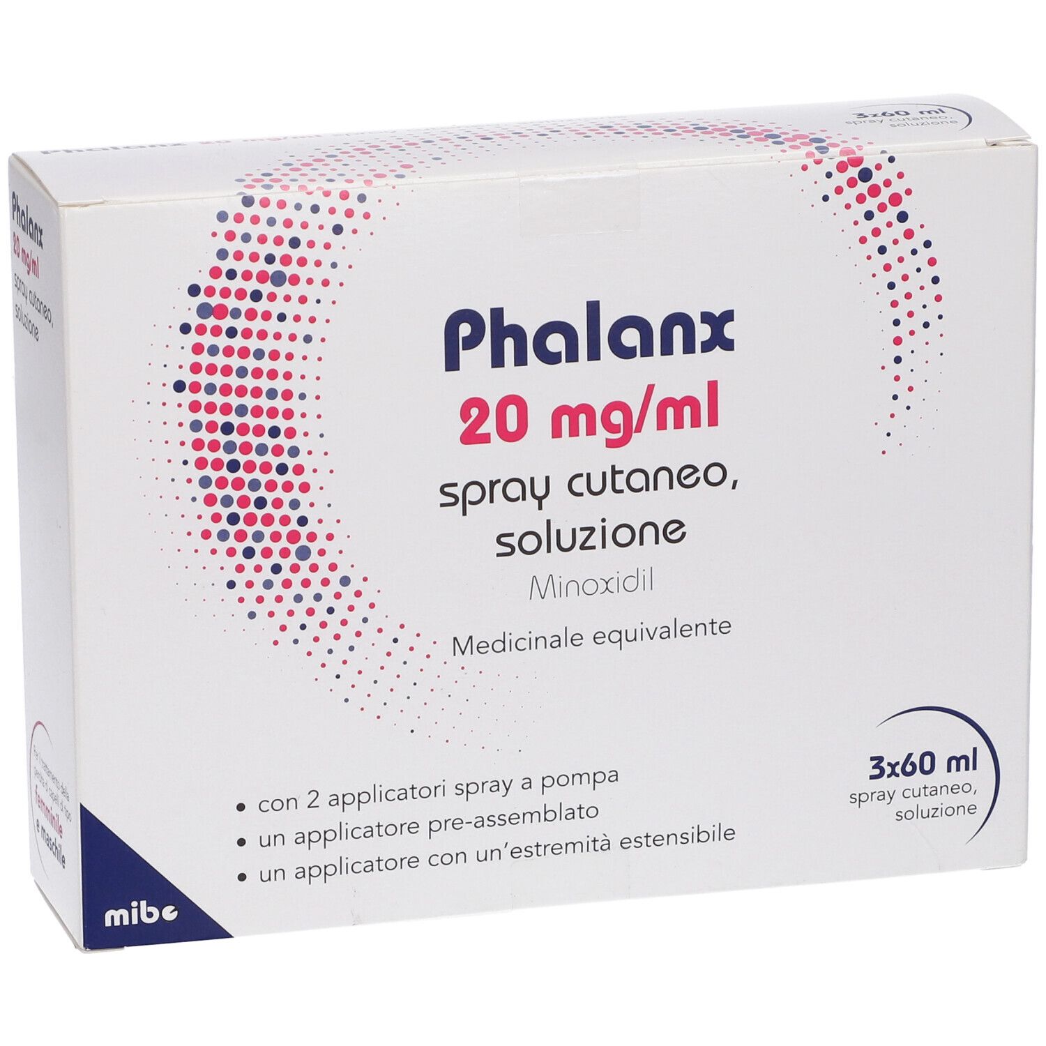 Confezione di Phalanx 20 mg/ml spray cutaneo, soluzione. Contiene 3 flaconi da 60 ml. Con applicatori. Prodotto medico.