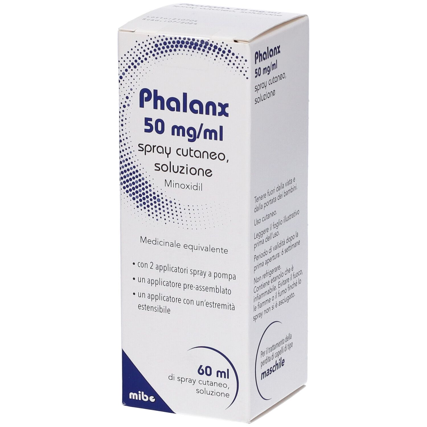 Confezione del prodotto con nome e dosaggio. Testo sulla confezione. 60 ml. Per uso maschile.