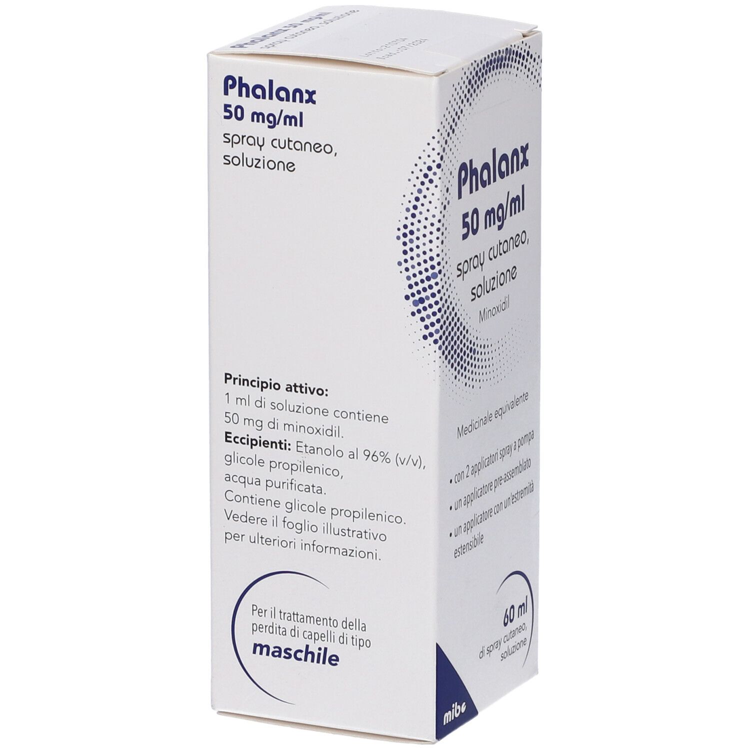 Confezione del prodotto con nome e dosaggio. Testo sulla confezione. 60 ml. Per uso maschile.