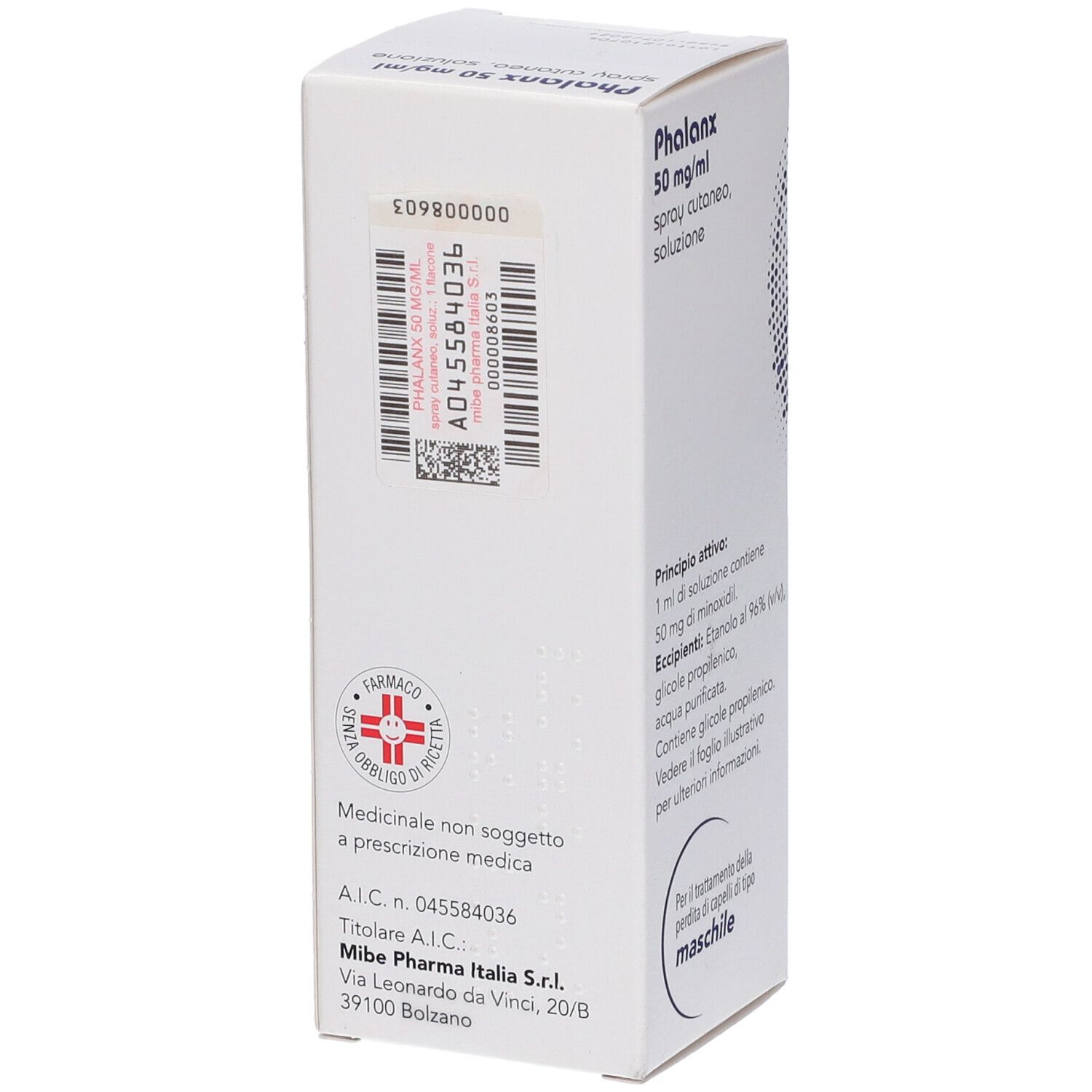 Confezione del prodotto con nome e dosaggio. Testo sulla confezione. 60 ml. Per uso maschile.