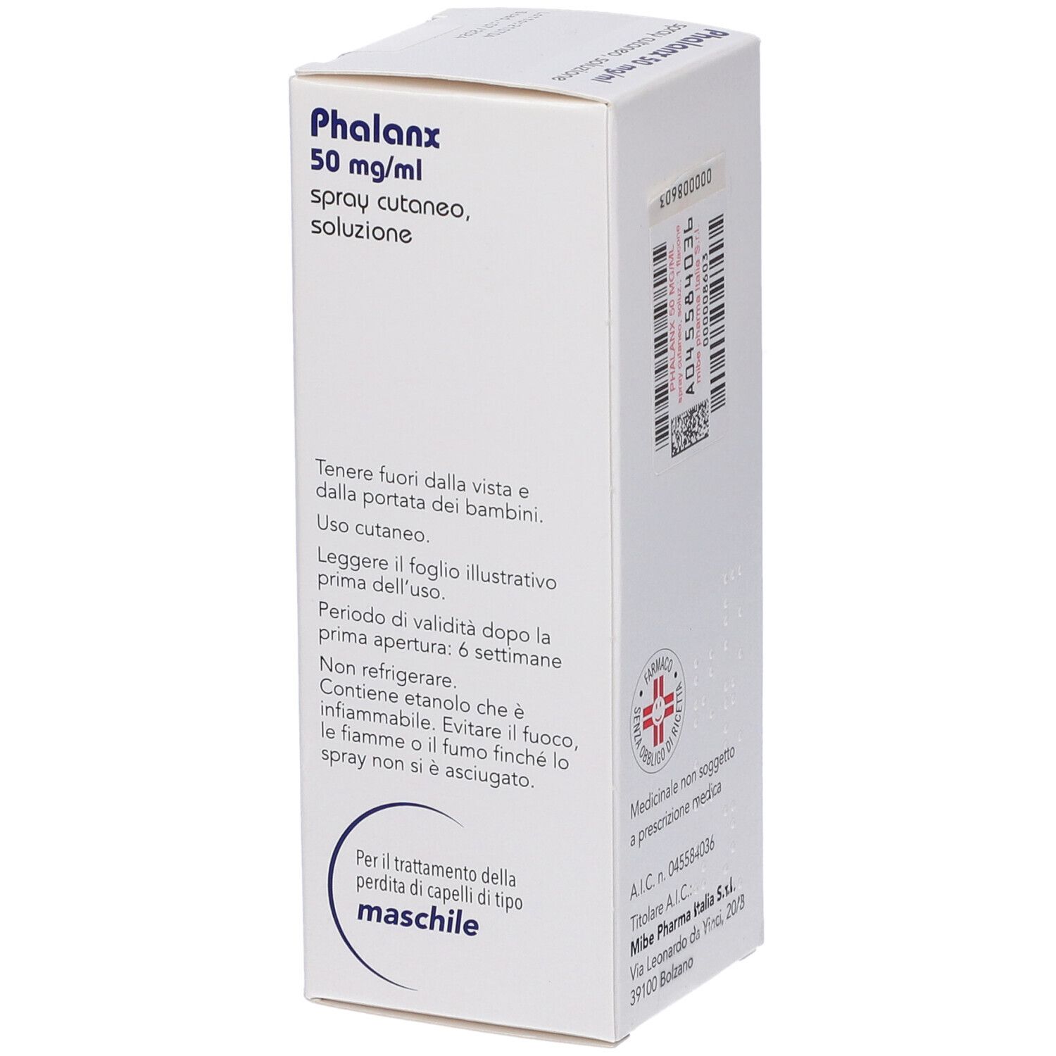 Confezione del prodotto con nome e dosaggio. Testo sulla confezione. 60 ml. Per uso maschile.