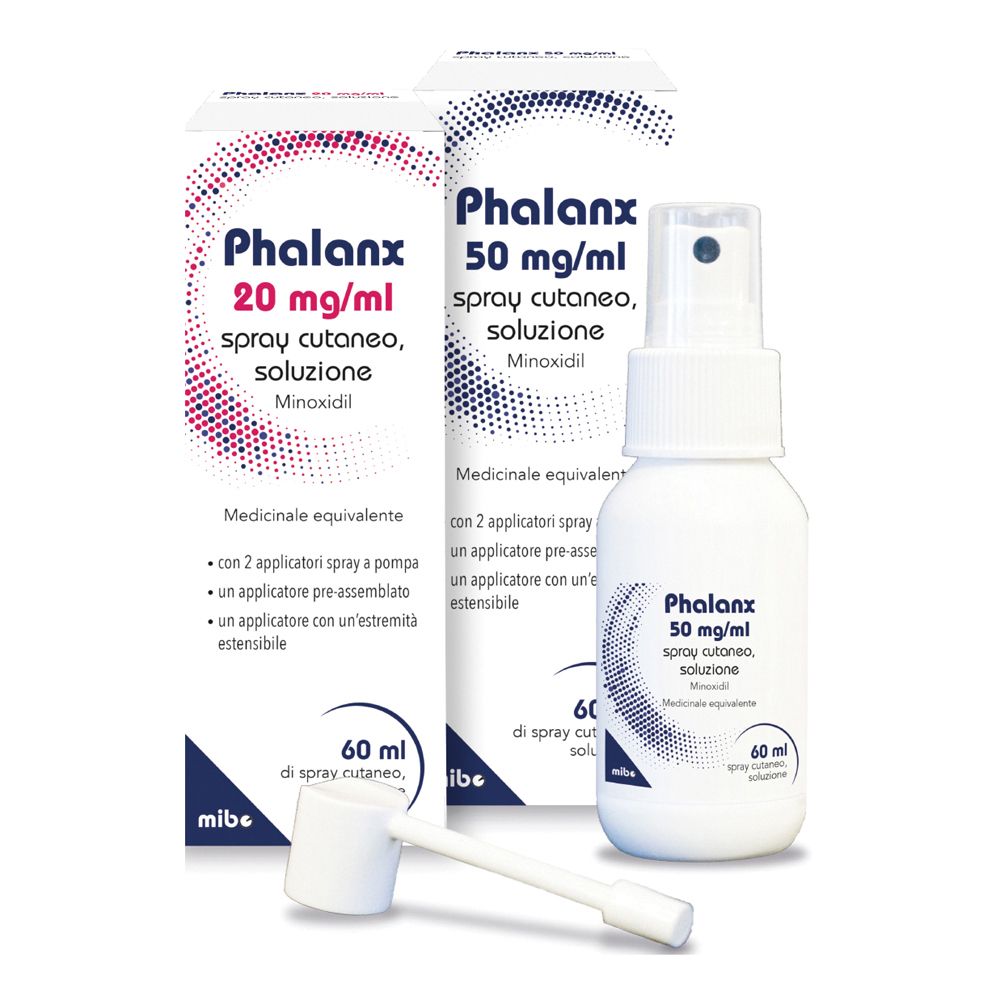 Due scatole e un flacone di Phalanx 50 mg/ml spray cutaneo, soluzione. Con accessori. Testo in italiano.
