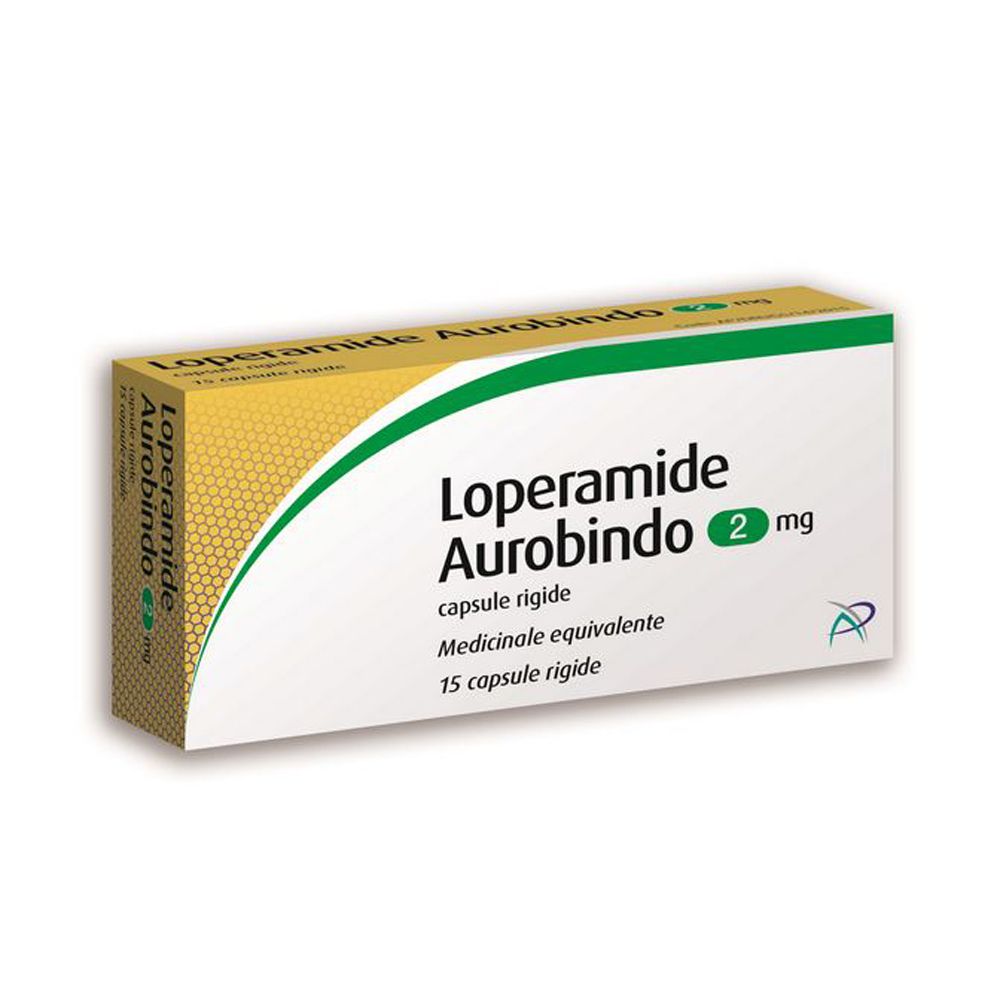 Confezione di Loperamide Aurobindo 2 mg capsule rigide, 15 unità.