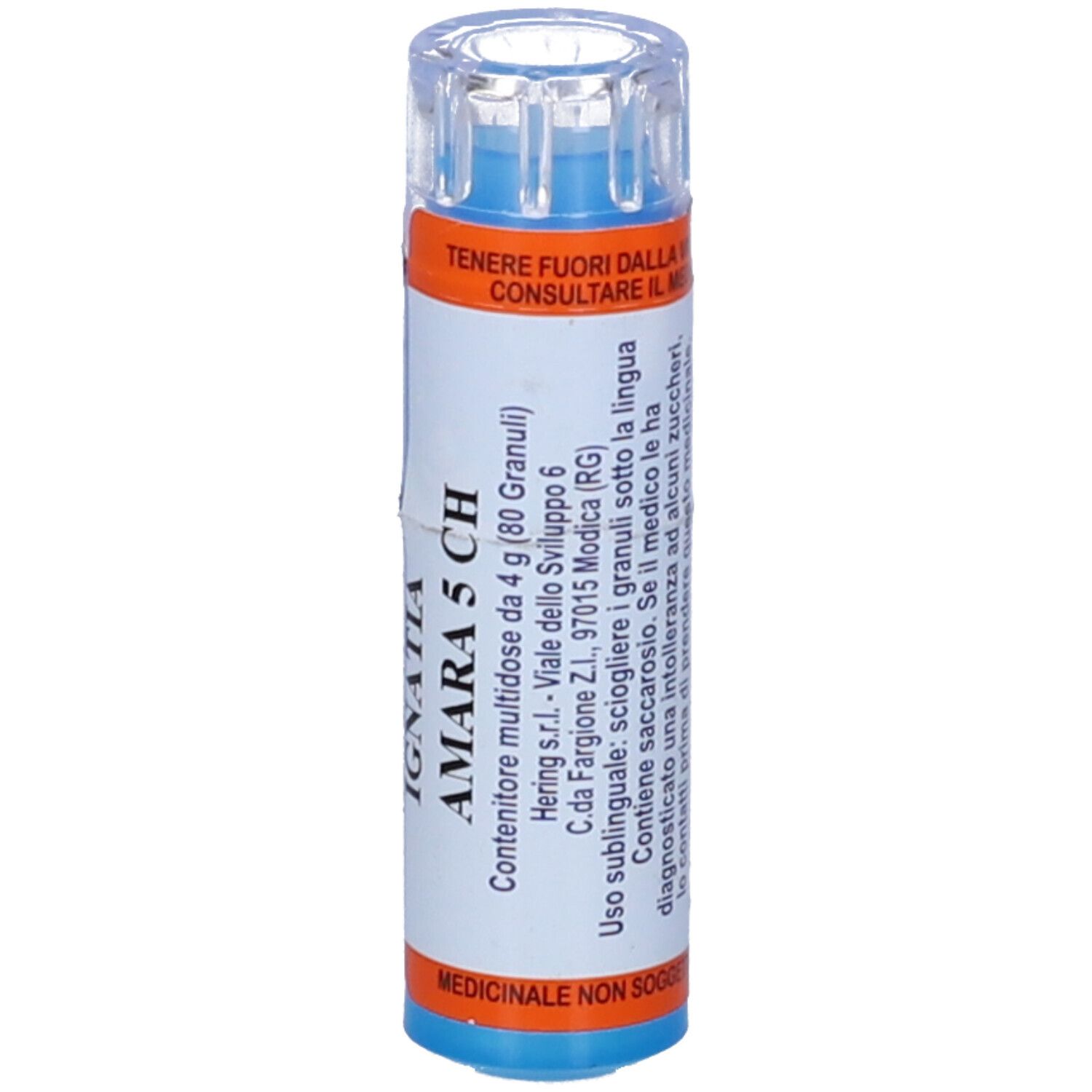 Flacone blu e bianco con IGNATIA AMARA 5 CH. Contiene 80 granuli. Tappo trasparente. Etichette arancioni e blu.