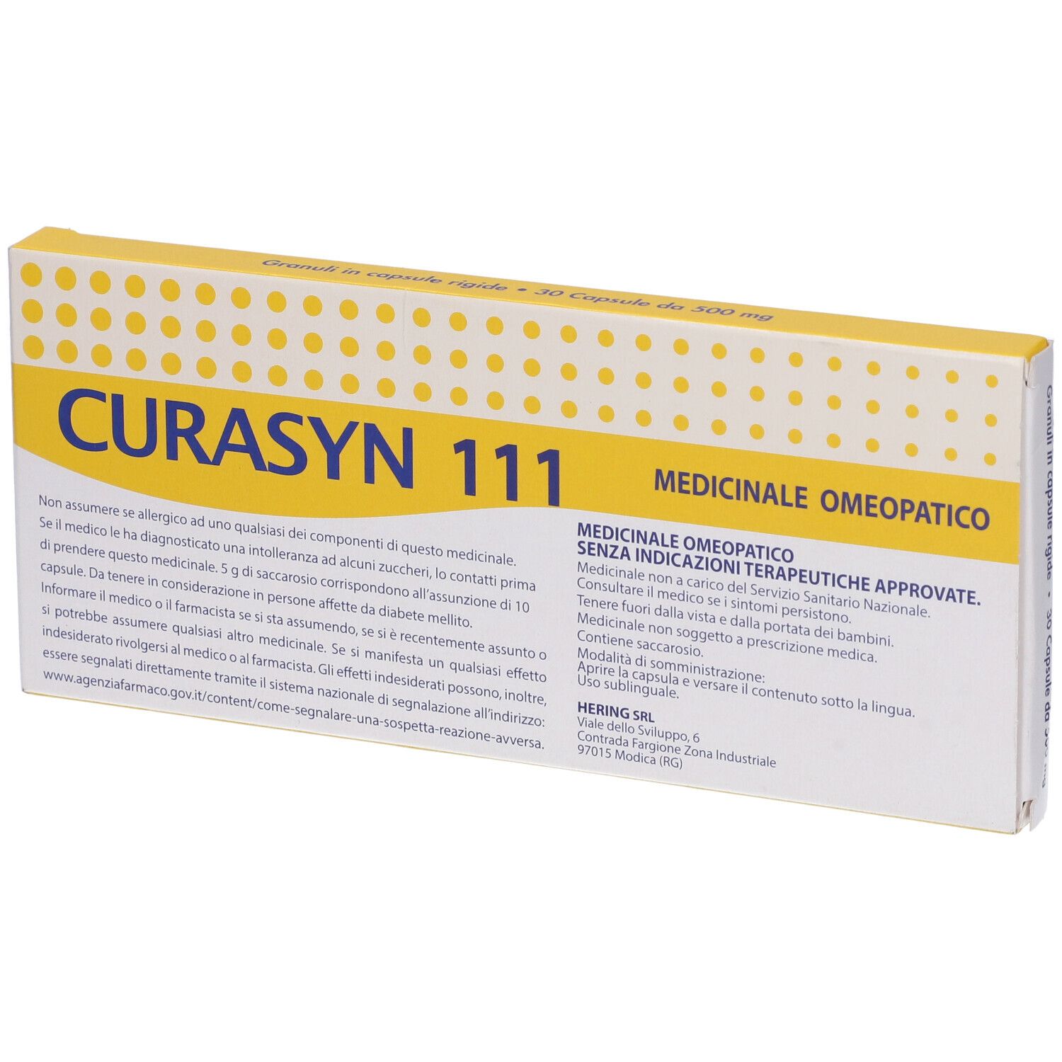 Scatola CURASYN 111, confezione giallo-bianca. Testo: MEDICINALE OMEOPATICO. Contiene 30 capsule.