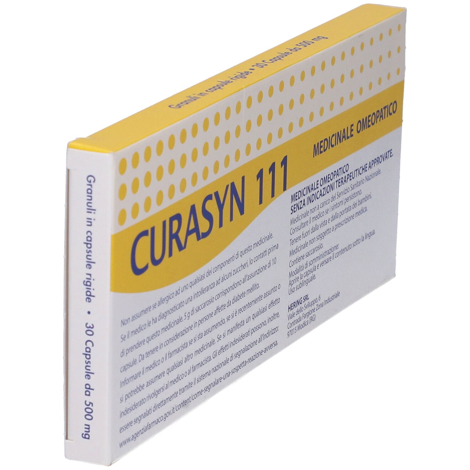 Scatola CURASYN 111, confezione giallo-bianca. Testo: MEDICINALE OMEOPATICO. Contiene 30 capsule.