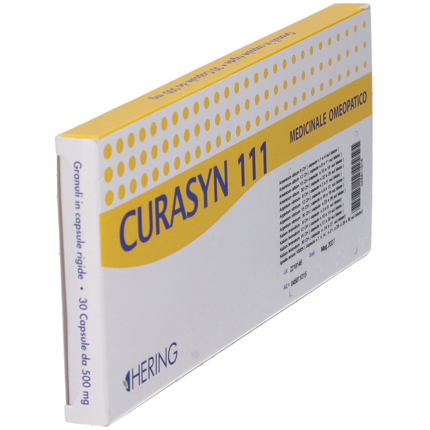 Scatola CURASYN 111, confezione giallo-bianca. Testo: MEDICINALE OMEOPATICO. Contiene 30 capsule.