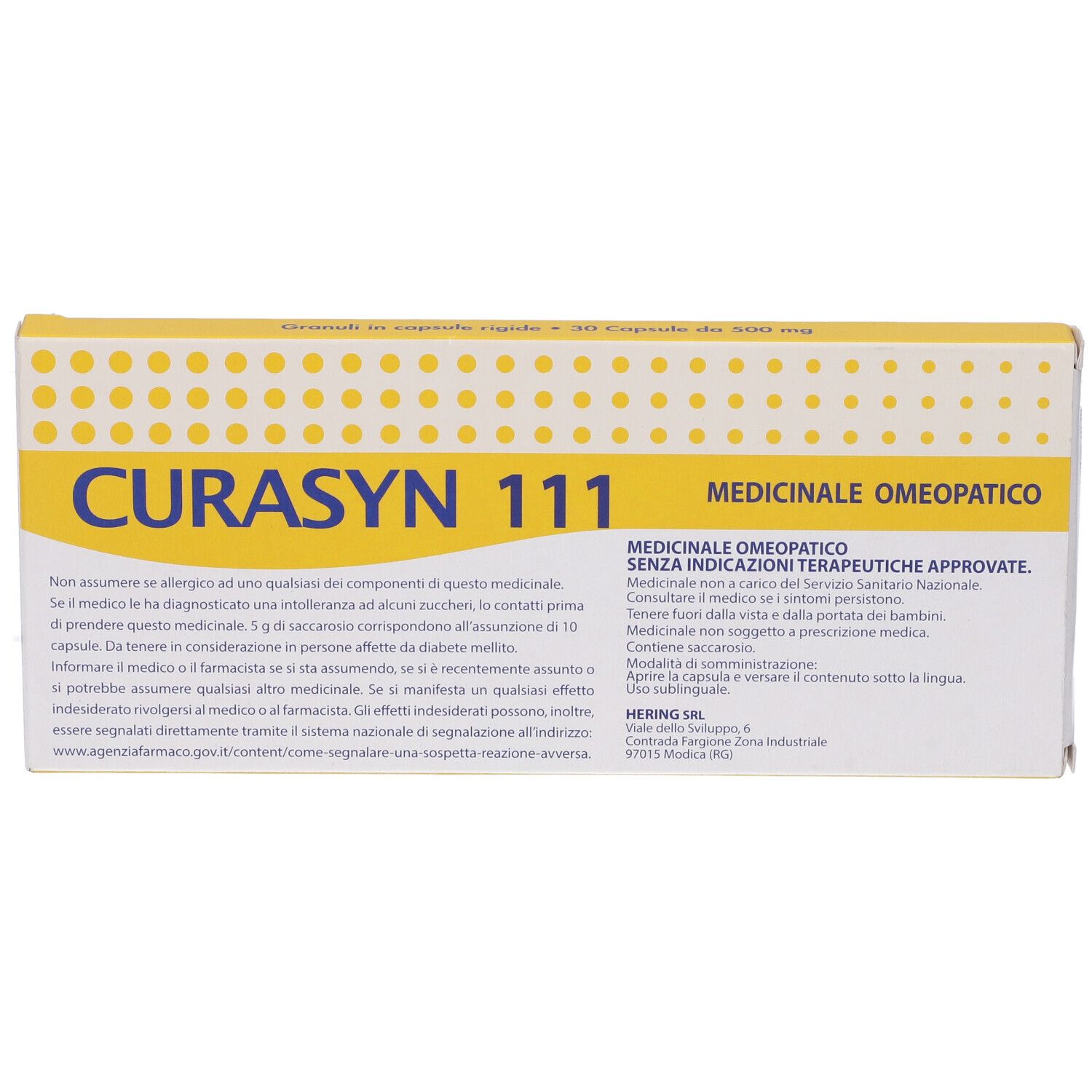 Scatola CURASYN 111, confezione giallo-bianca. Testo: MEDICINALE OMEOPATICO. Contiene 30 capsule.