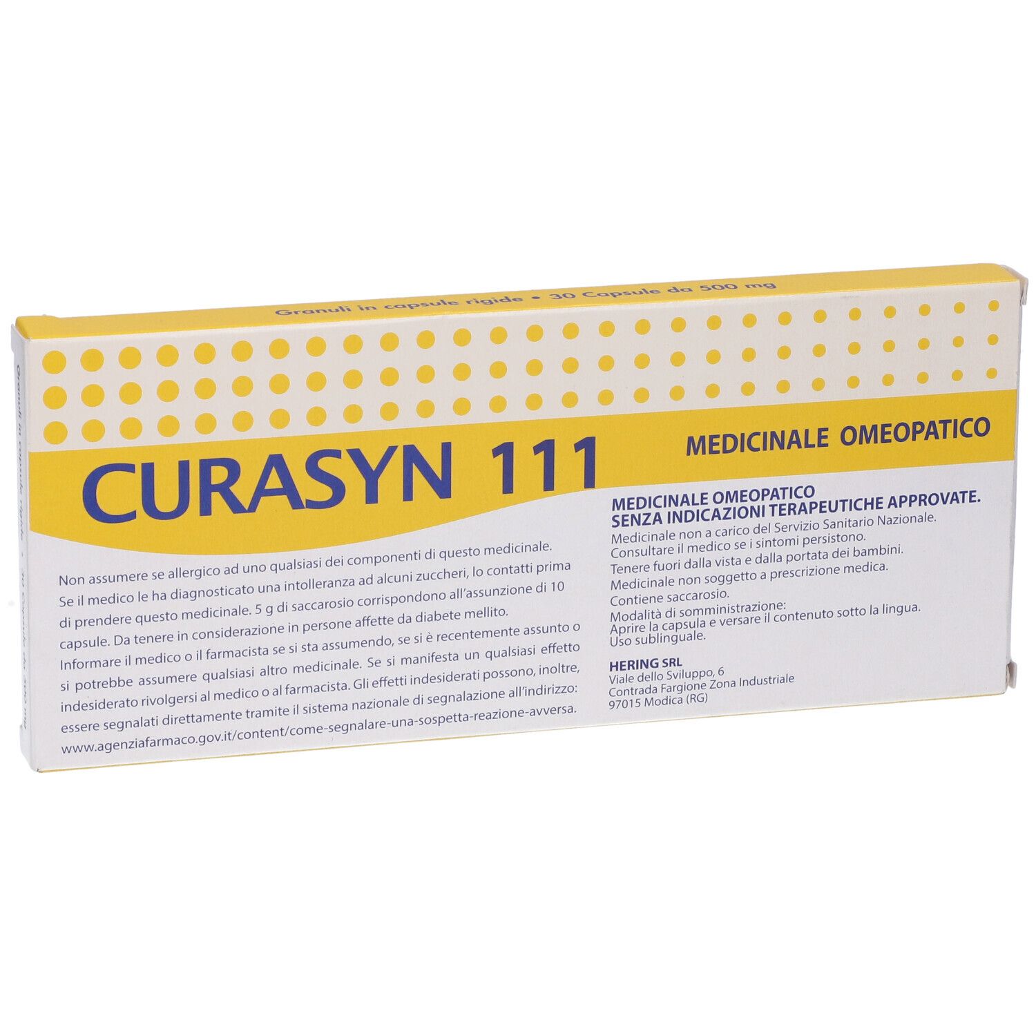Scatola CURASYN 111, confezione giallo-bianca. Testo: MEDICINALE OMEOPATICO. Contiene 30 capsule.