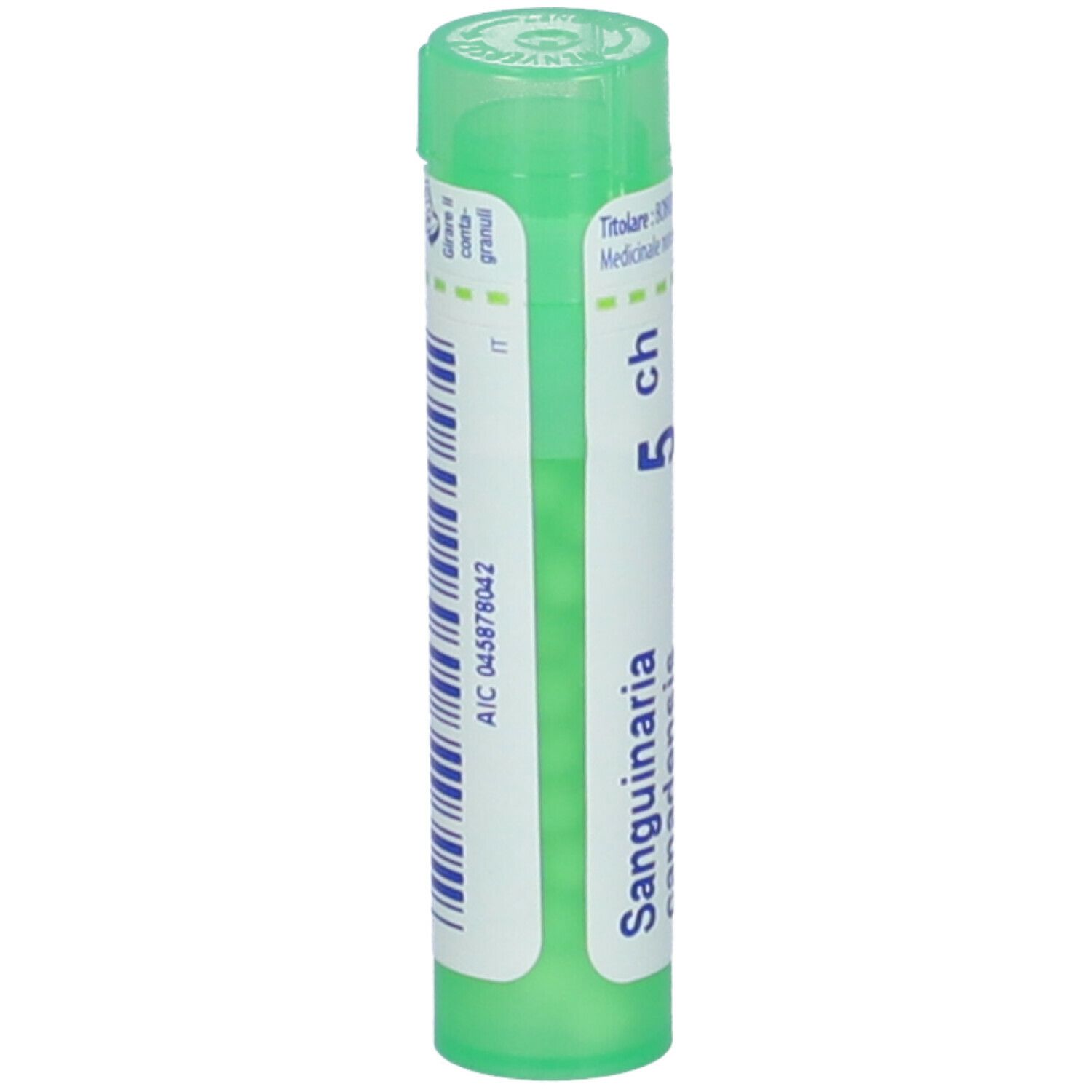 Tubo verde con etichetta bianca e codice a barre. Scritta: Sanguinaria 5 ch.