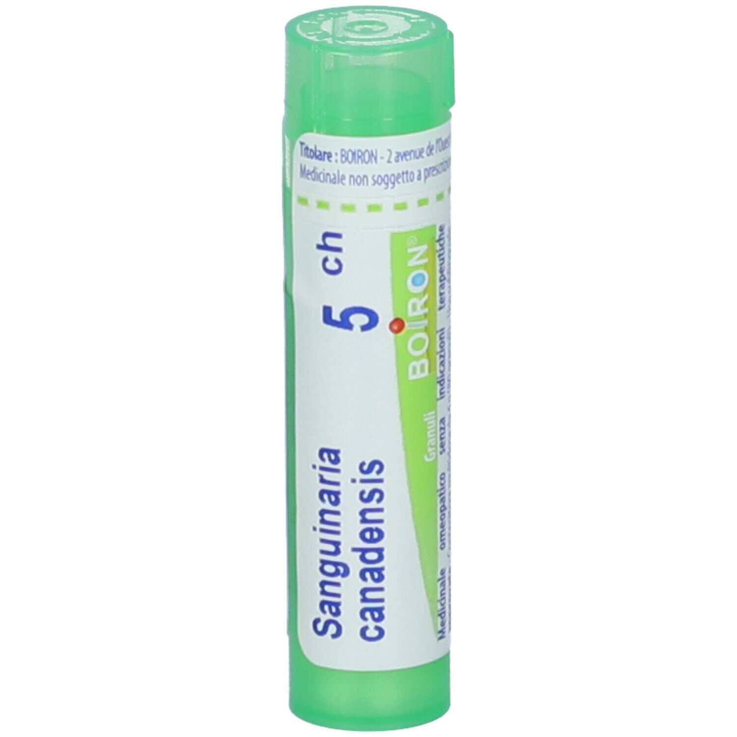 Tubo verde con etichetta bianca. Scritta: Sanguinaria 5 ch, BOIRON.