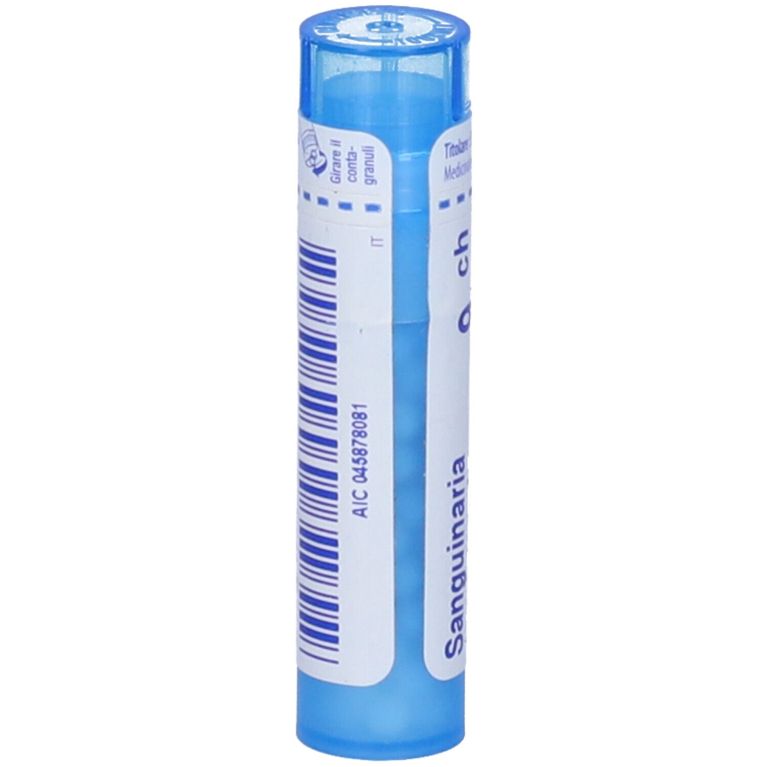 Tubo blu con etichetta bianca e codice a barre. Scritta: Sanguinaria, AIC 045878081. Contiene granuli.