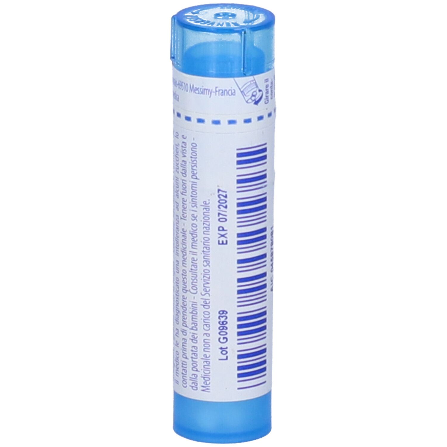 Tubo blu con etichetta bianca. Scritta: EXP 07/2027, Lot G09639. Contiene granuli.