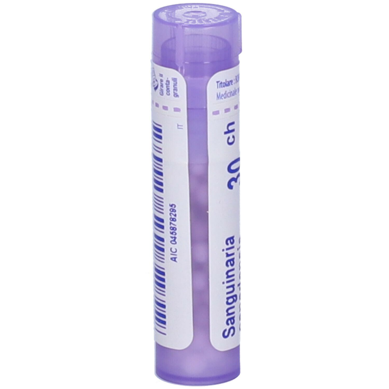 Tubo viola con testo bianco. Scritta: Sanguinaria 30 ch. Granuli. Con codice a barre e numero di lotto.