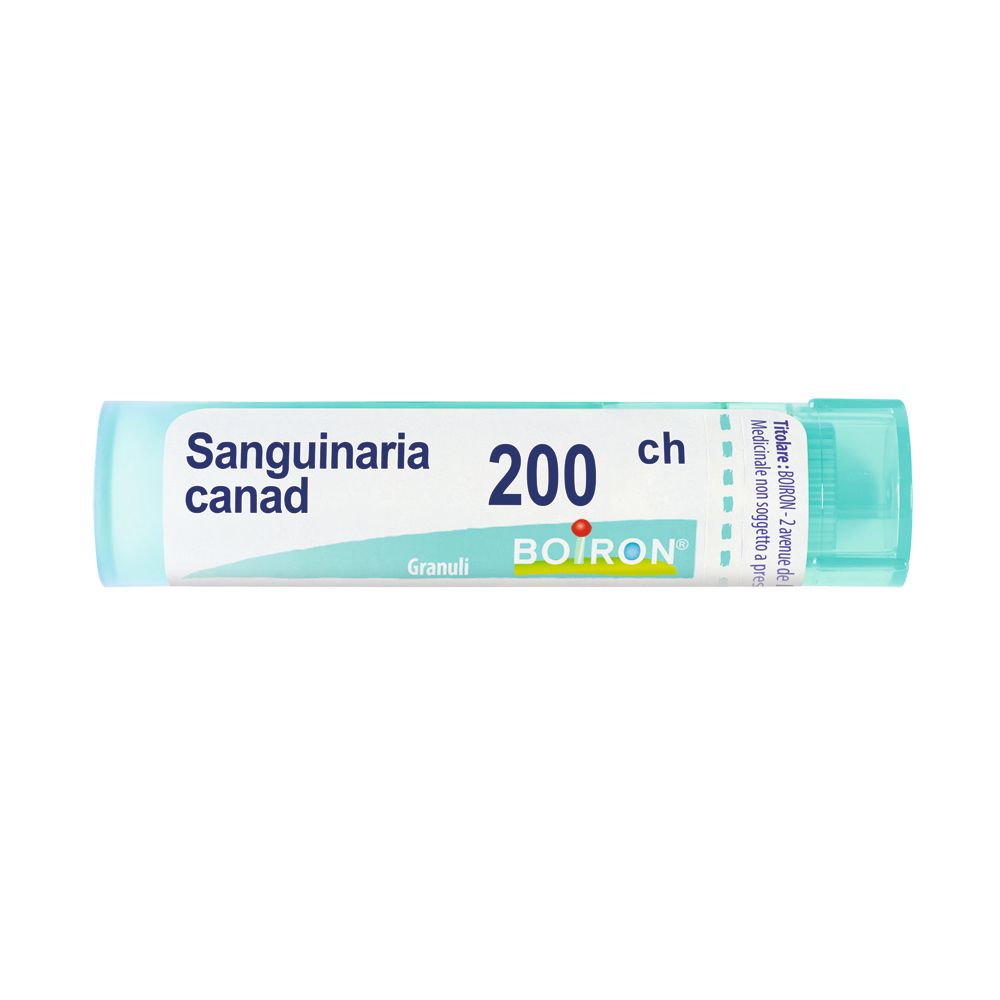 Confezione cilindrica con tappo blu. Scritta: Sanguinaria canad., 200 CH, BOIRON. Granuli.