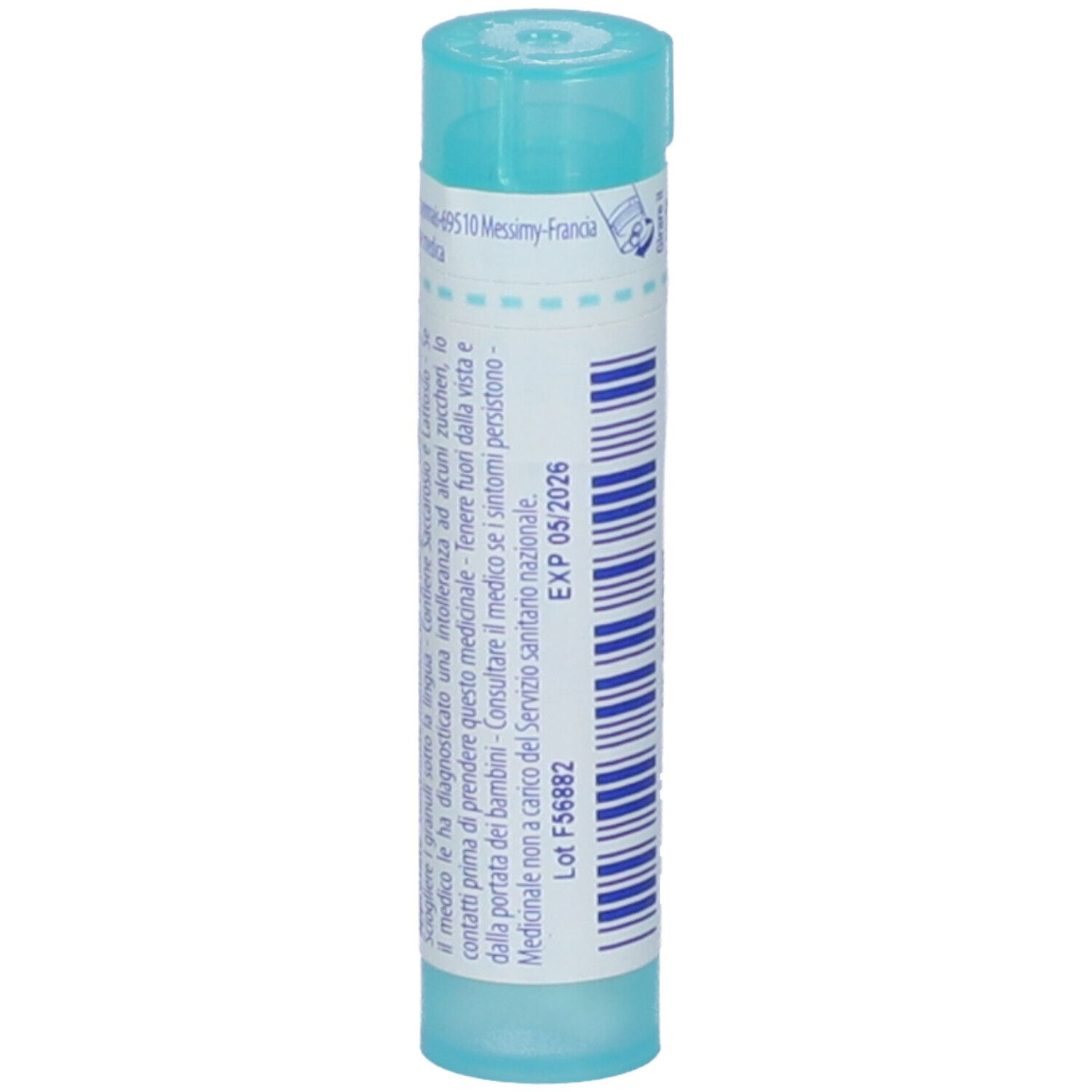 Tubo cilindrico blu. Stampa: Scadenza, numero di lotto. Testo multilingue.