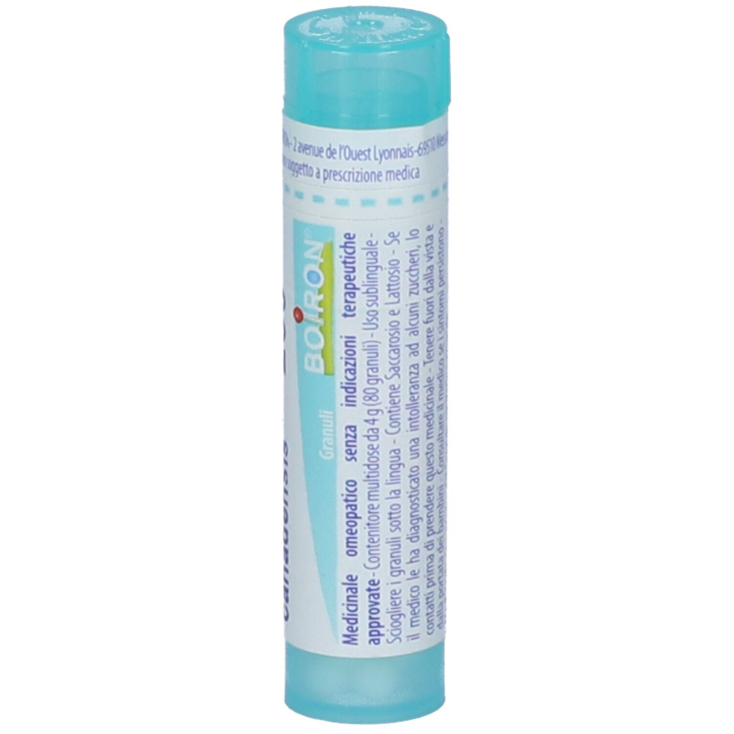 Tubo cilindrico blu. Scritta: BOIRON, Granuli, indicazioni terapeutiche.