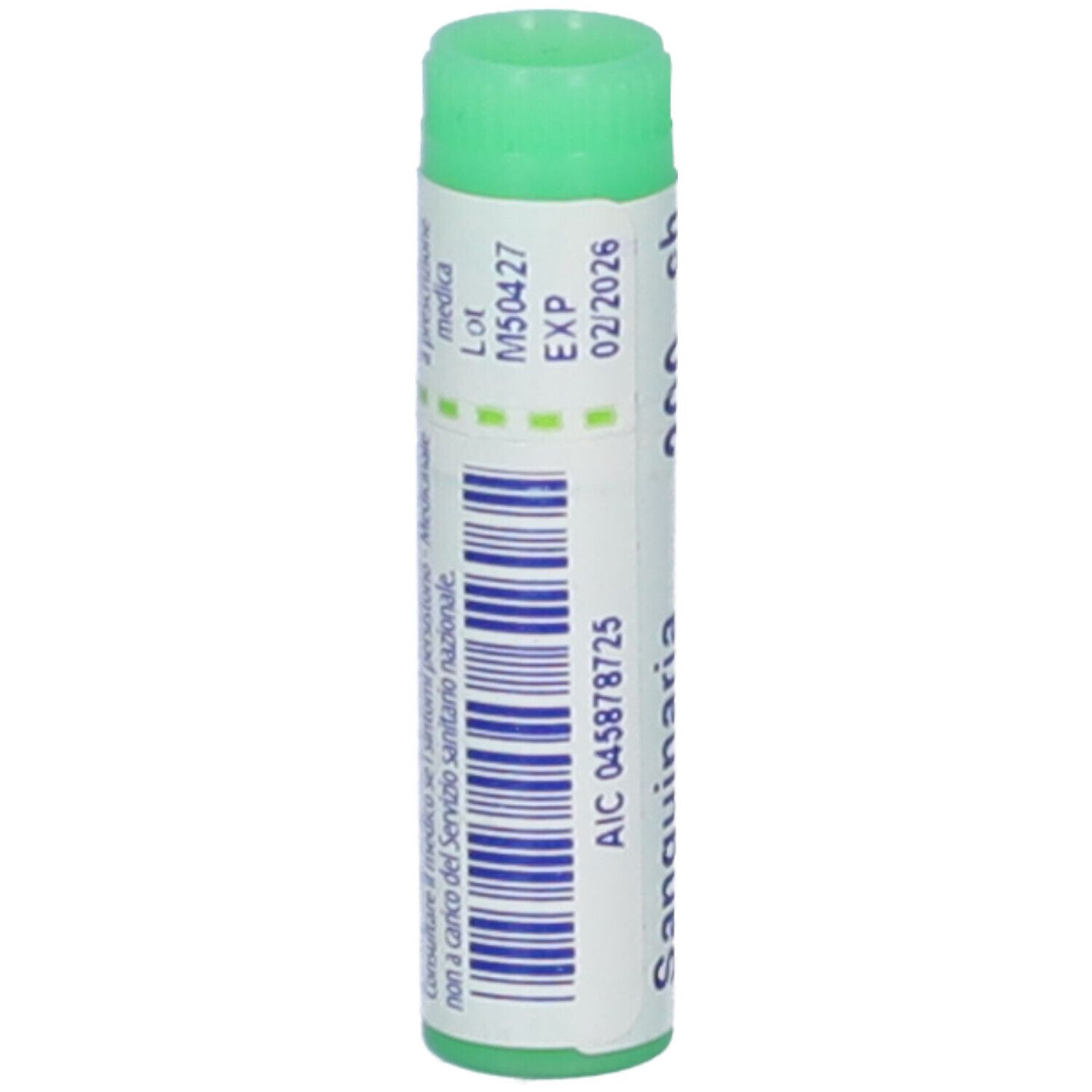 Confezione cilindrica, tappo verde. Scritta: Sanguinaria, codice AIC, EXP 02/2026.