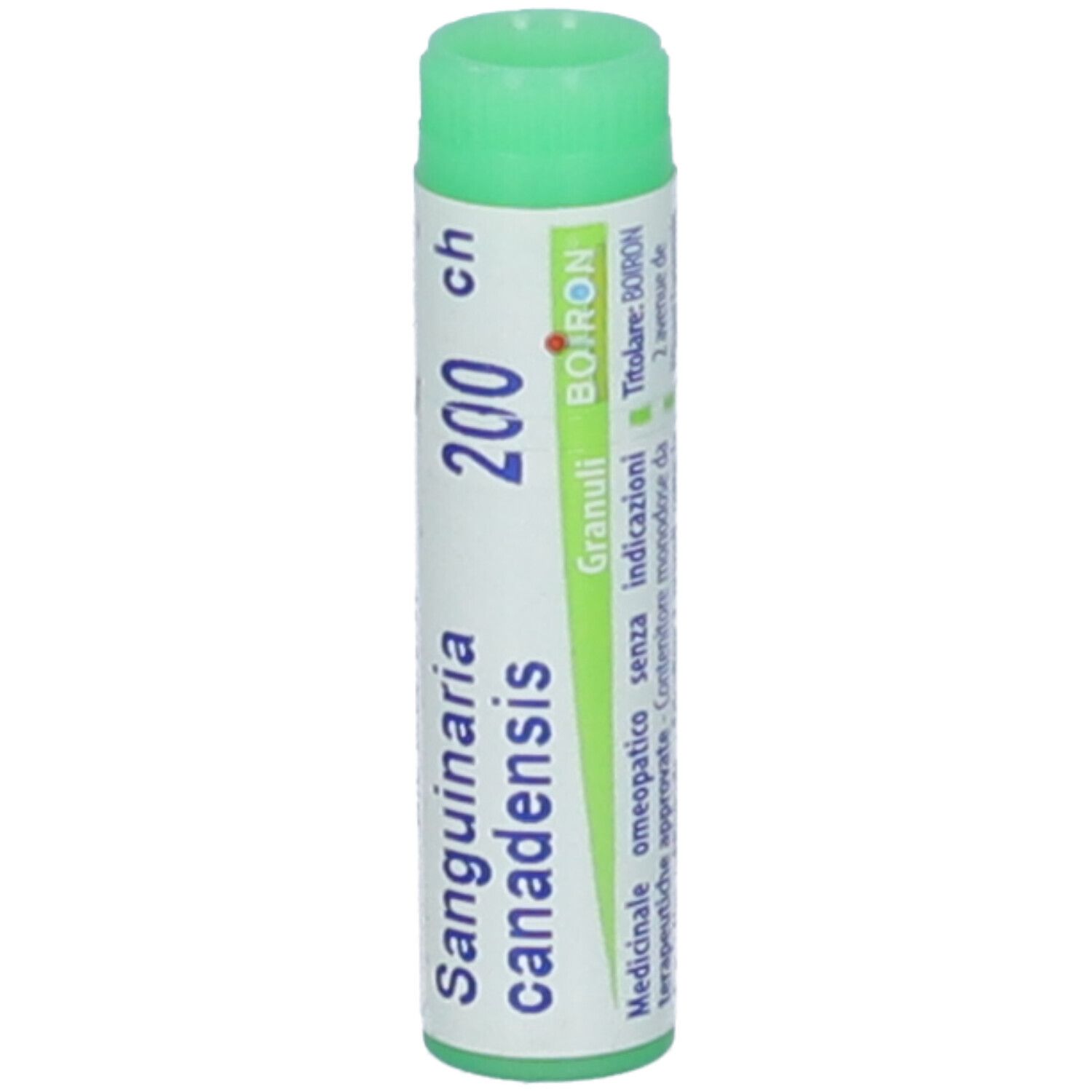 Confezione cilindrica, tappo verde. Scritta: Sanguinaria canadensis, 200 ch, BOIRON, Granuli.