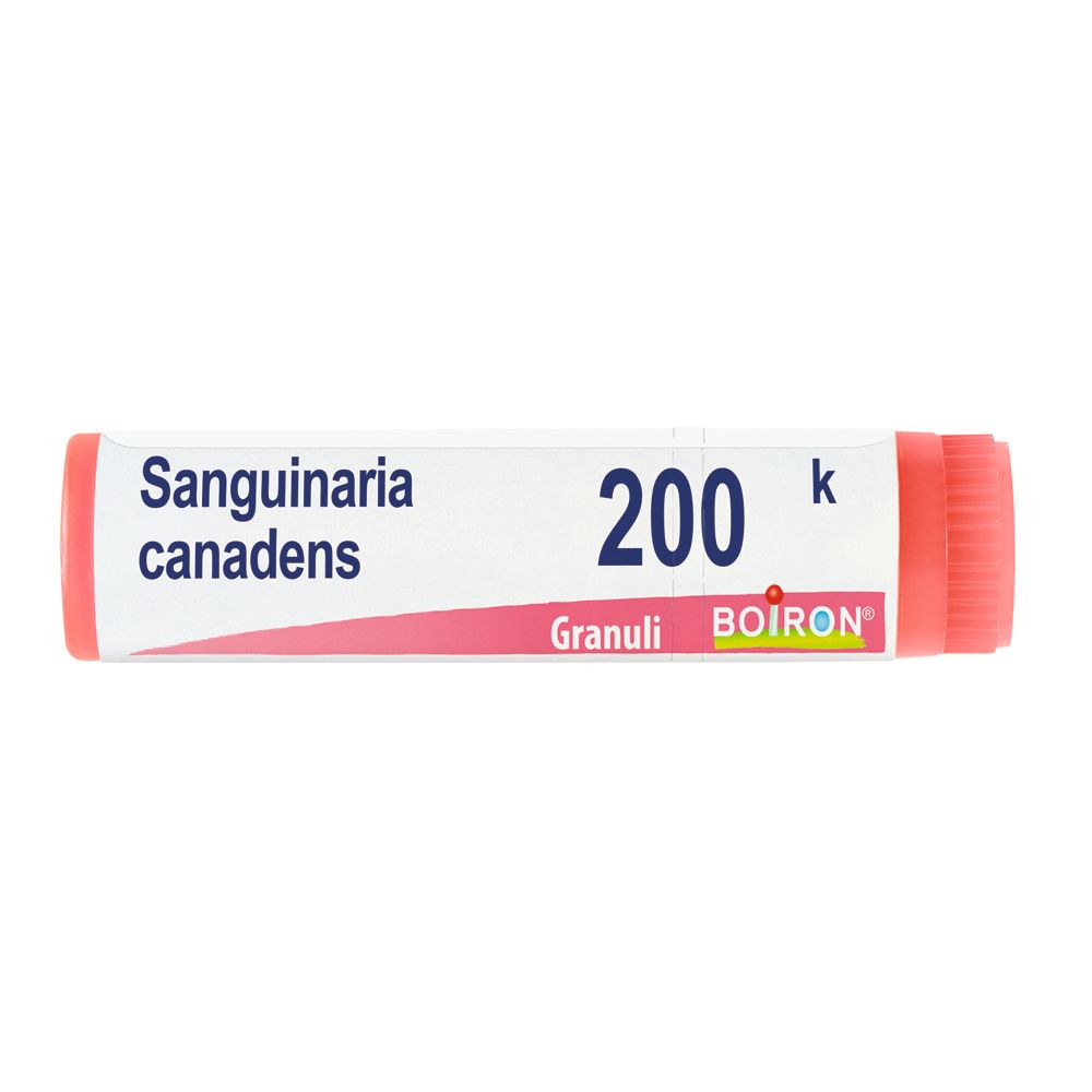 Confezione cilindrica. Scritta: Sanguinaria canadensis, 200 K, Granuli, BOIRON. Colori rosso e bianco.
