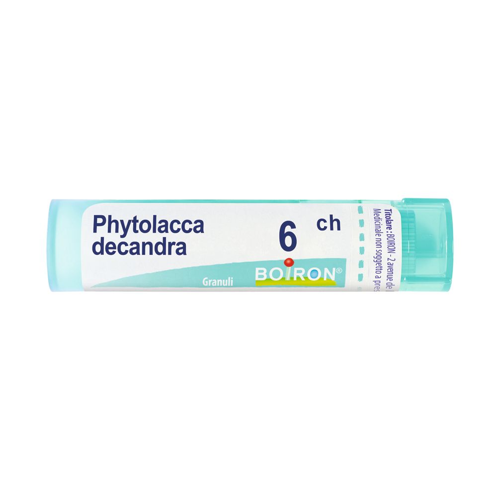 Flacone cilindrico azzurro con etichetta bianca. Scritta: Phytolacca decandra, 6 CH, BOIRON. Granuli.