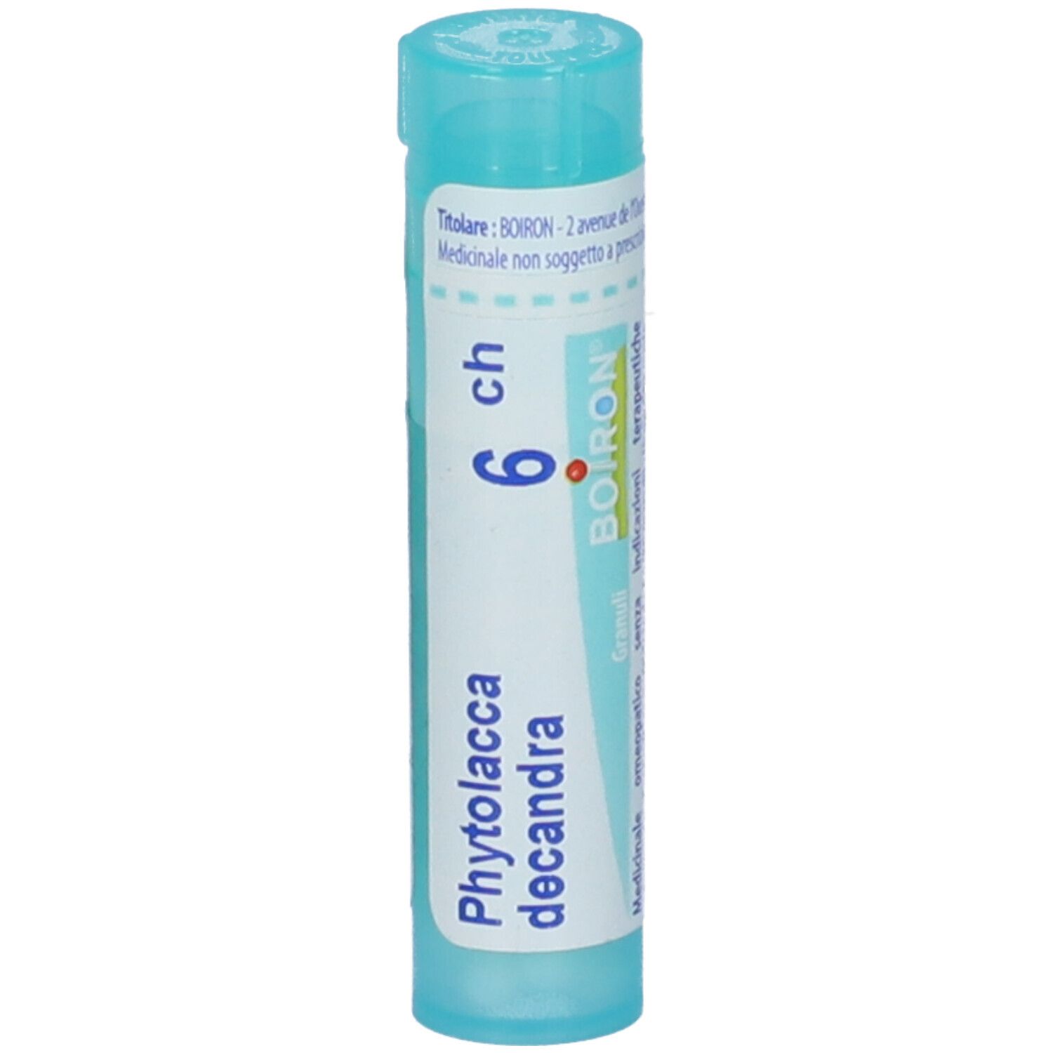 Flacone cilindrico azzurro con etichetta bianca. Scritta: Phytolacca decandra, 6 CH, BOIRON. Granuli.