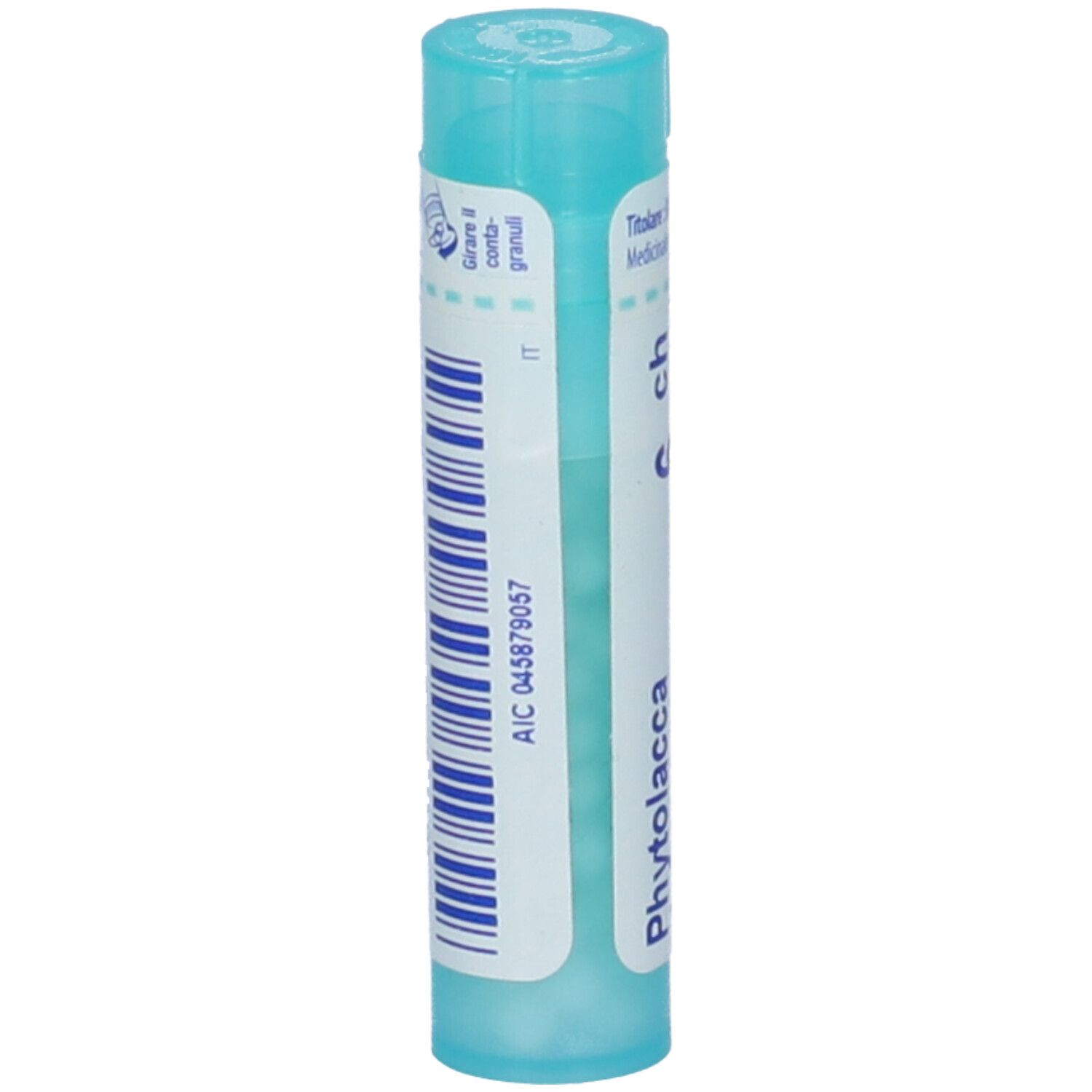 Flacone cilindrico azzurro con etichetta bianca e codice a barre. Scritta: Phytolacca decandra, 6 CH. Granuli.