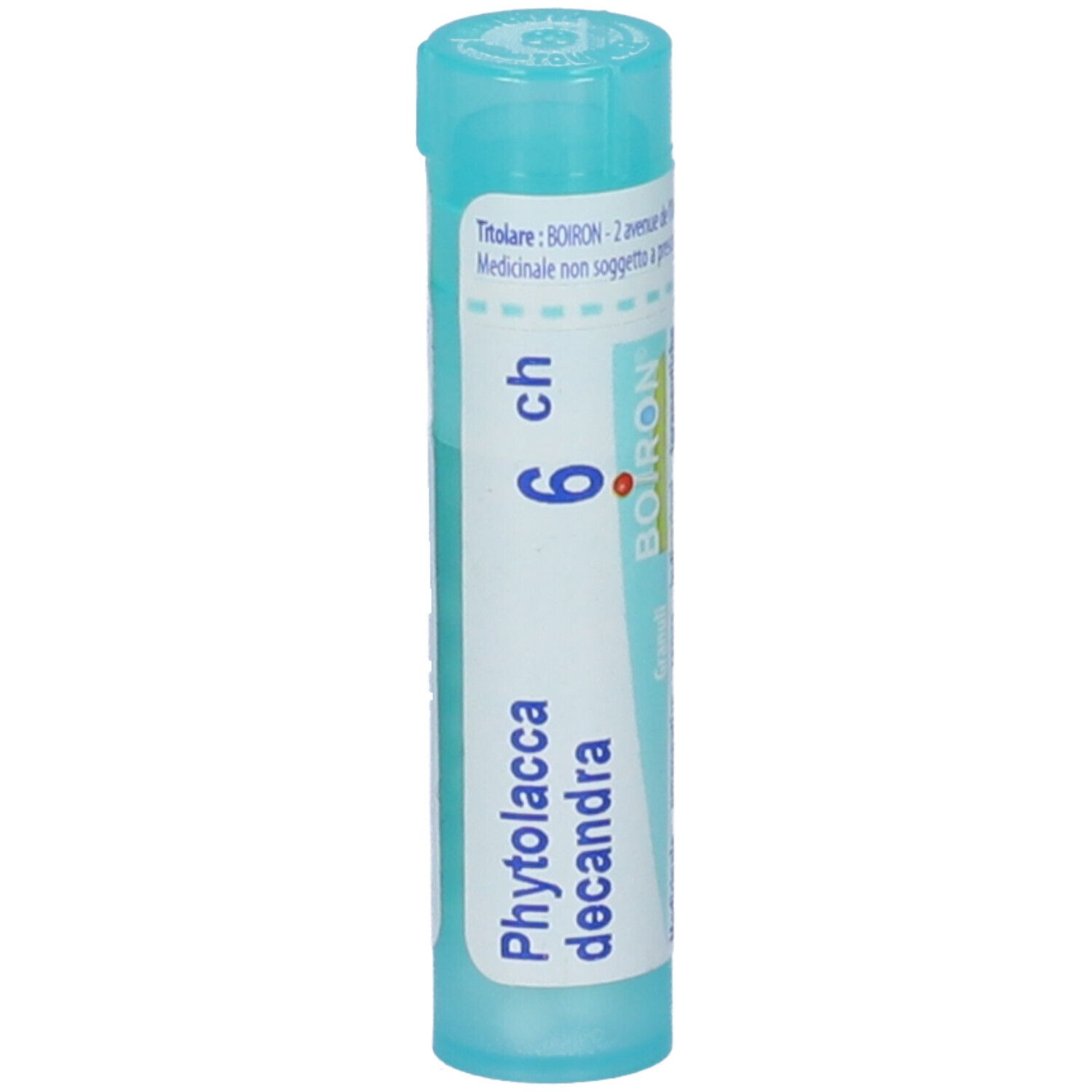 Flacone cilindrico azzurro con etichetta bianca. Scritta: Phytolacca decandra, 6 CH, BOIRON. Granuli.