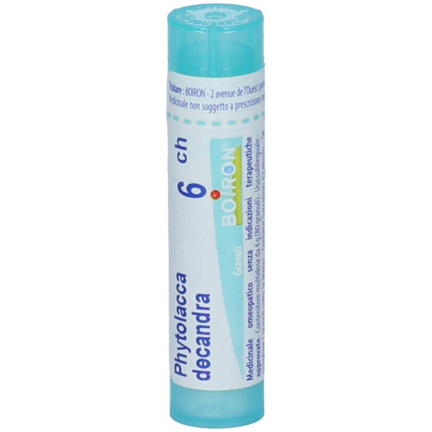 Flacone cilindrico azzurro con etichetta bianca. Scritta: Phytolacca decandra, 6 CH, BOIRON. Granuli.