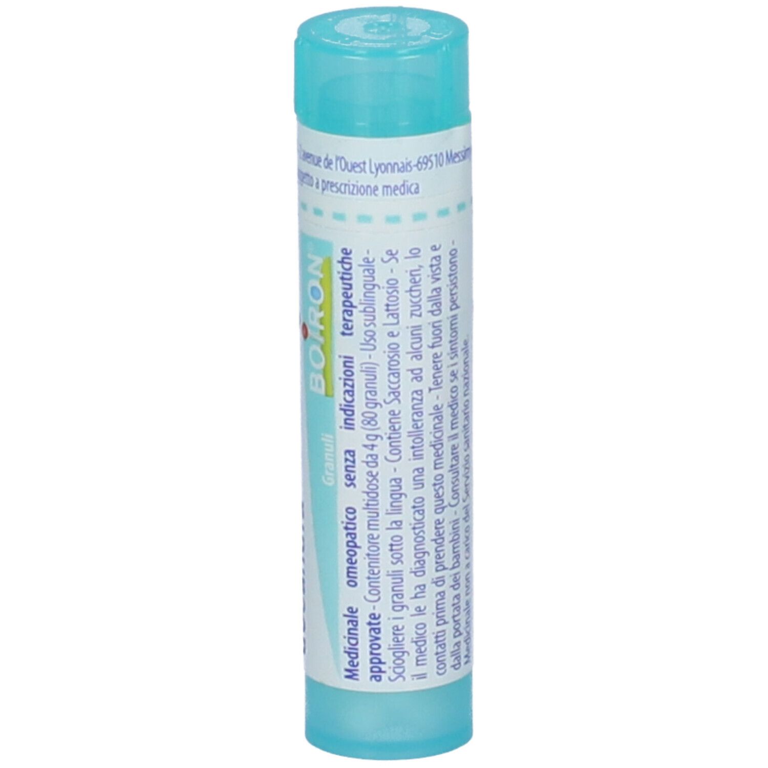 Flacone cilindrico azzurro con etichetta bianca. Scritta: BOIRON. Granuli omeopatici. Testo in italiano.