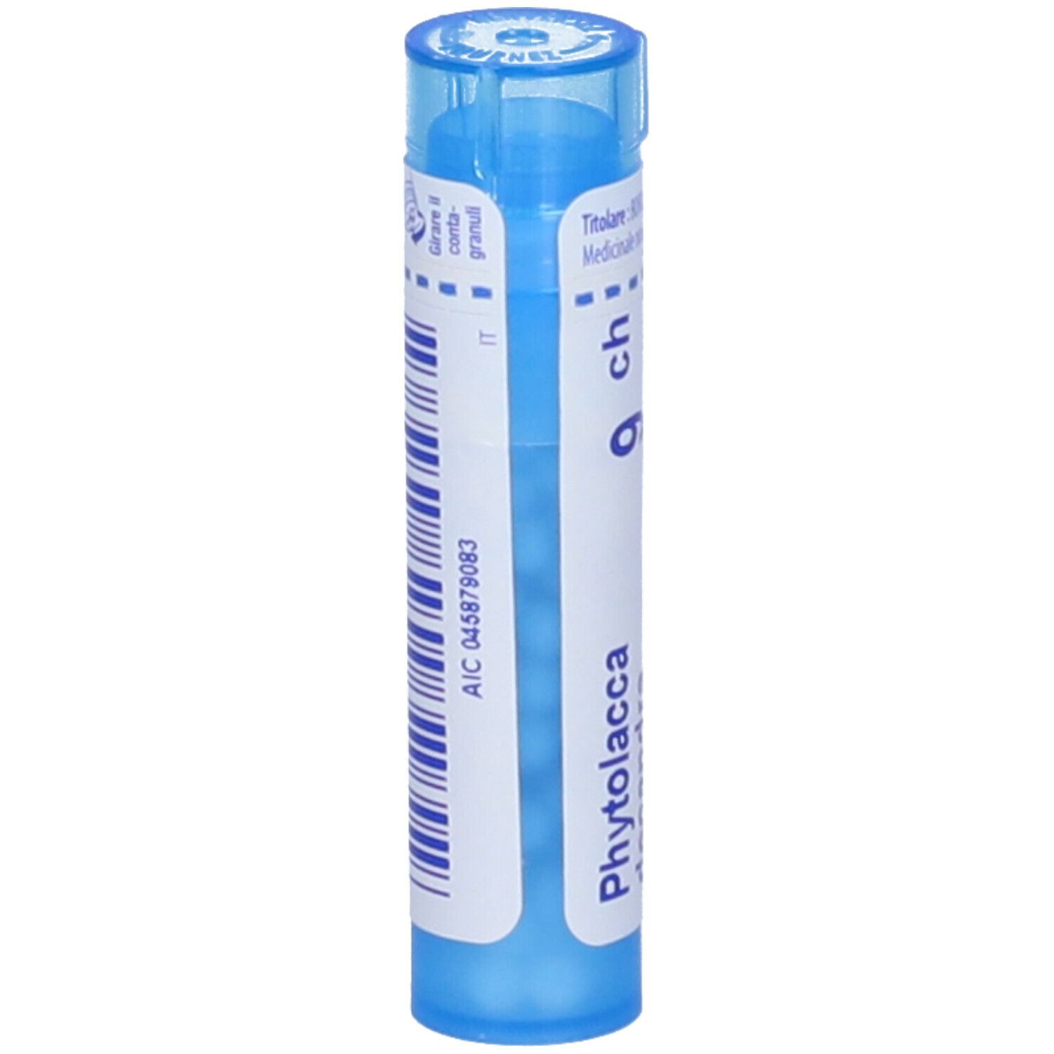Contenitore multidose blu cilindrico. Scritta: Phytolacca decandra 9 ch. Con codice a barre e informazioni.