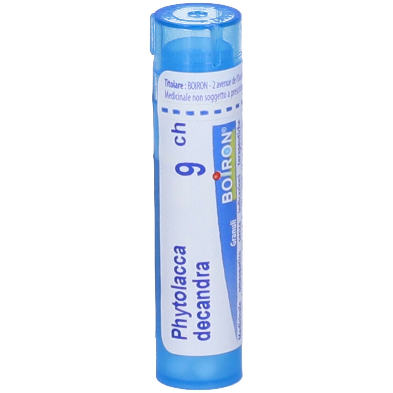 Contenitore multidose blu cilindrico. Scritta: Phytolacca decandra 9 ch, BOIRON. Granuli.