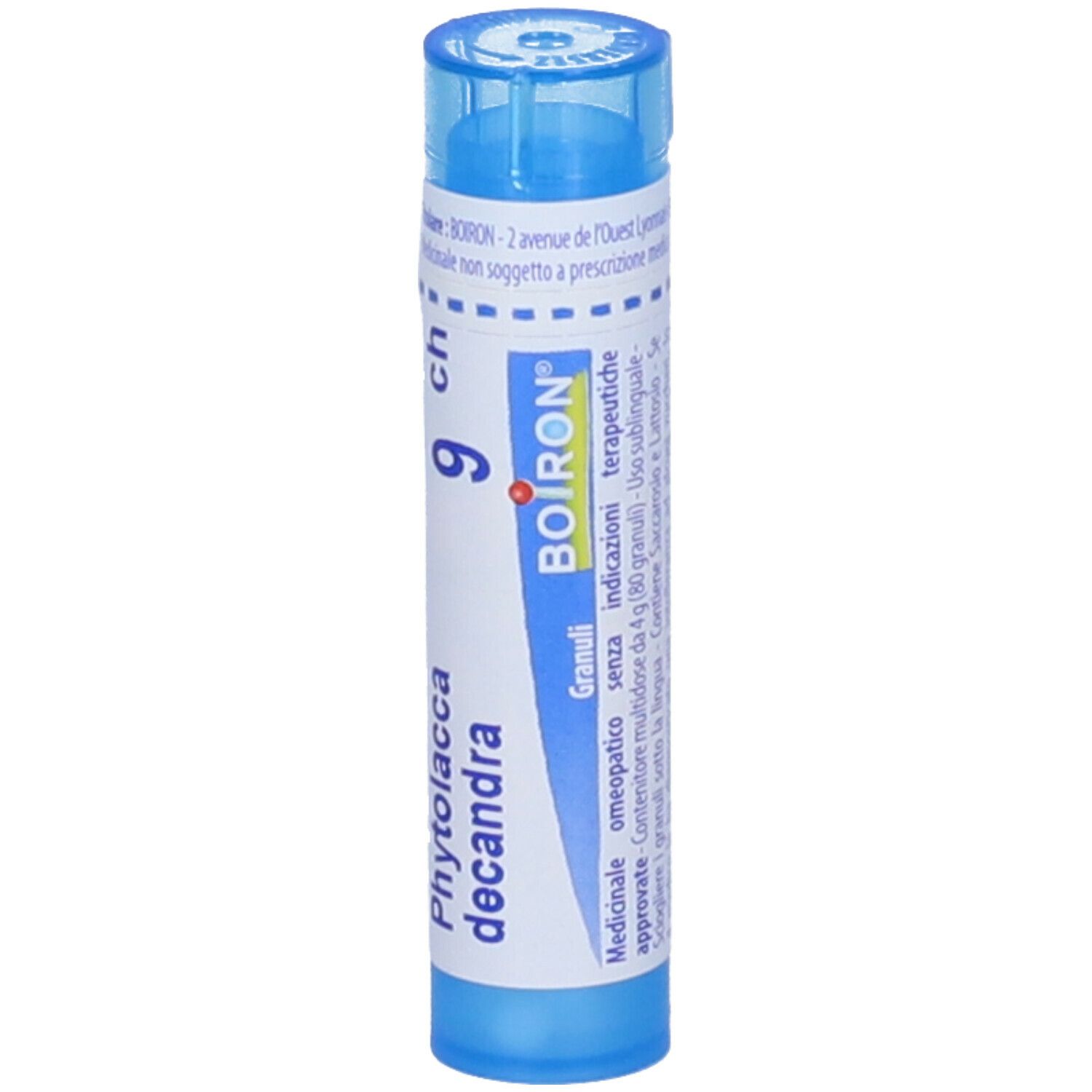 Contenitore multidose blu cilindrico. Scritta: Phytolacca decandra 9 ch, BOIRON. Granuli. Informazioni aggiuntive.