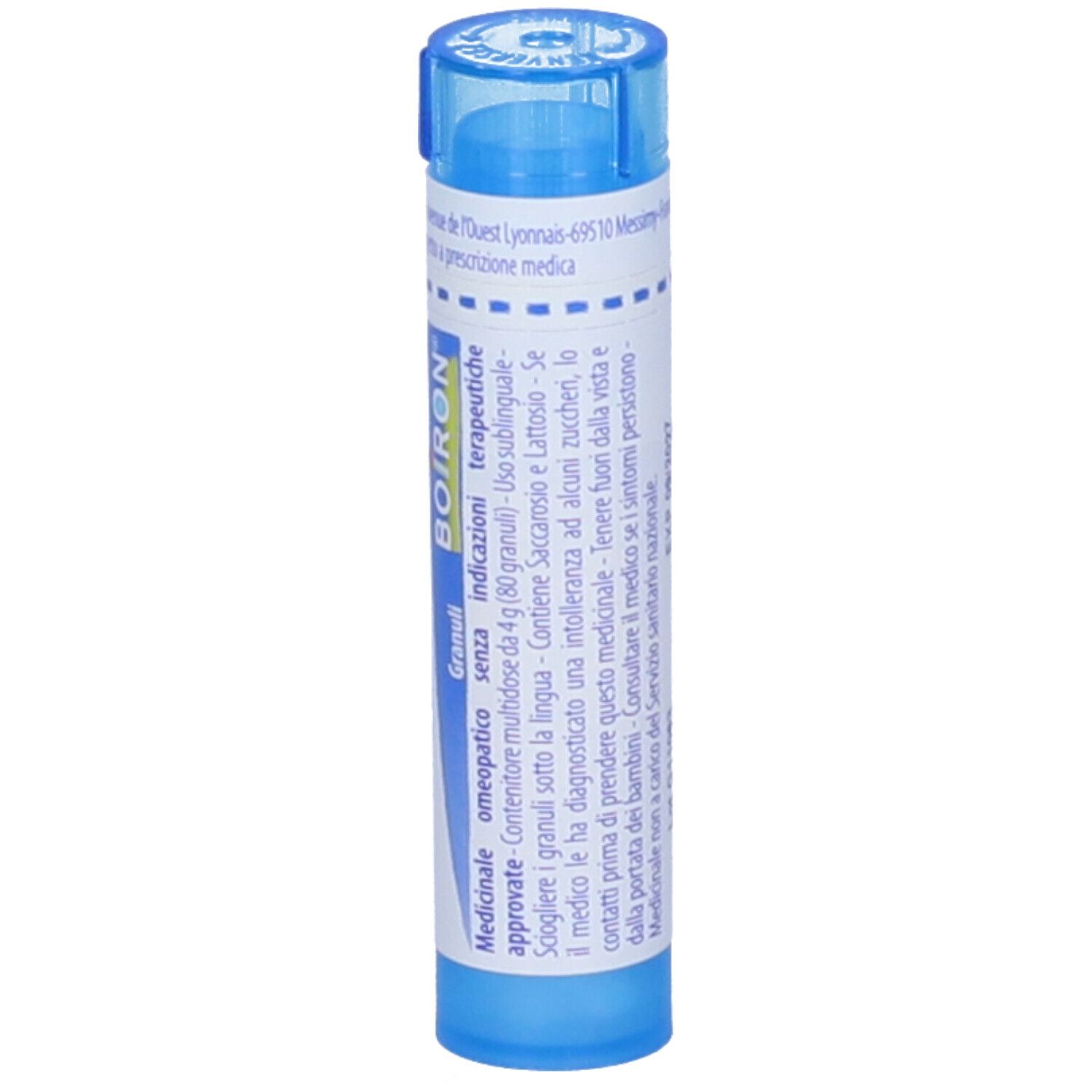 Contenitore multidose blu cilindrico. Scritta: BOIRON. Granuli. Informazioni aggiuntive.