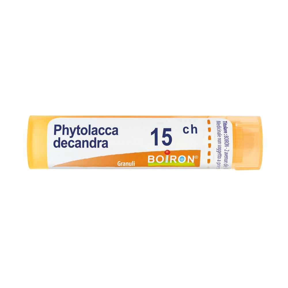Confezione cilindrica gialla con testo bianco. Scritta: Phytolacca decandra, 15 ch, BOIRON. Granuli.