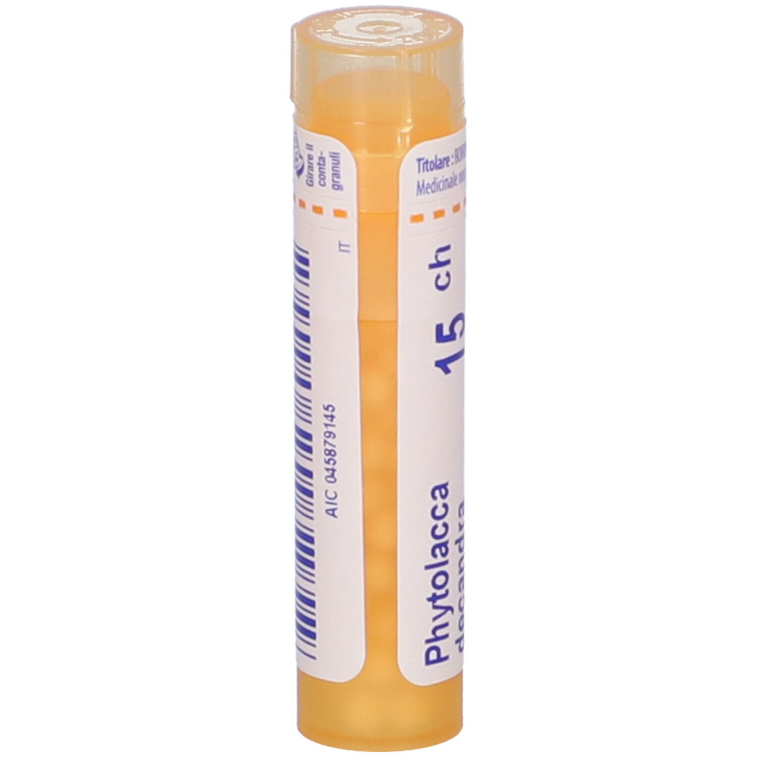 Confezione cilindrica gialla con testo bianco. Scritta: Phytolacca decandra, 15 ch, BOIRON. Granuli. Con codice a barre.