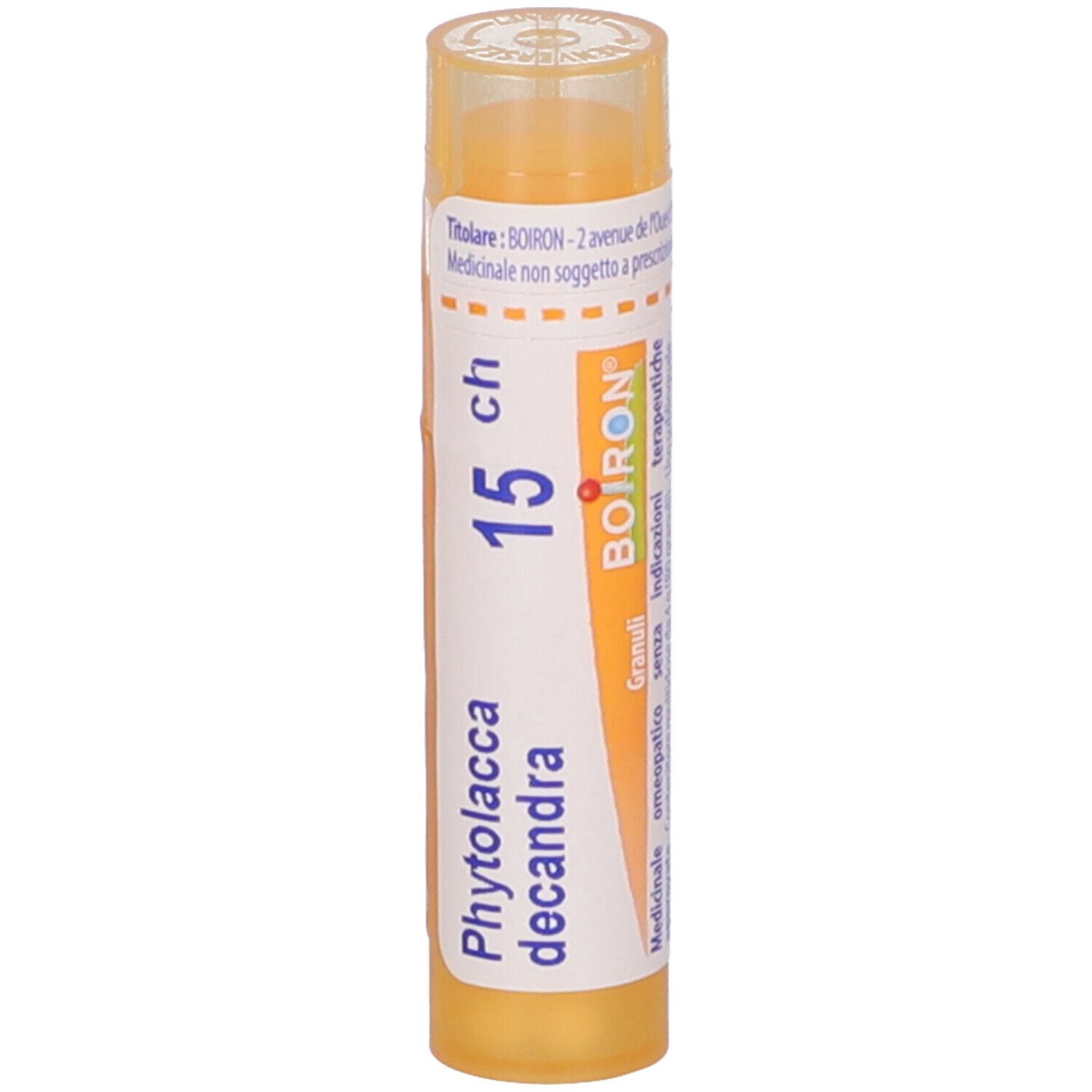 Confezione cilindrica gialla con testo bianco. Scritta: Phytolacca decandra, 15 ch, BOIRON. Granuli.