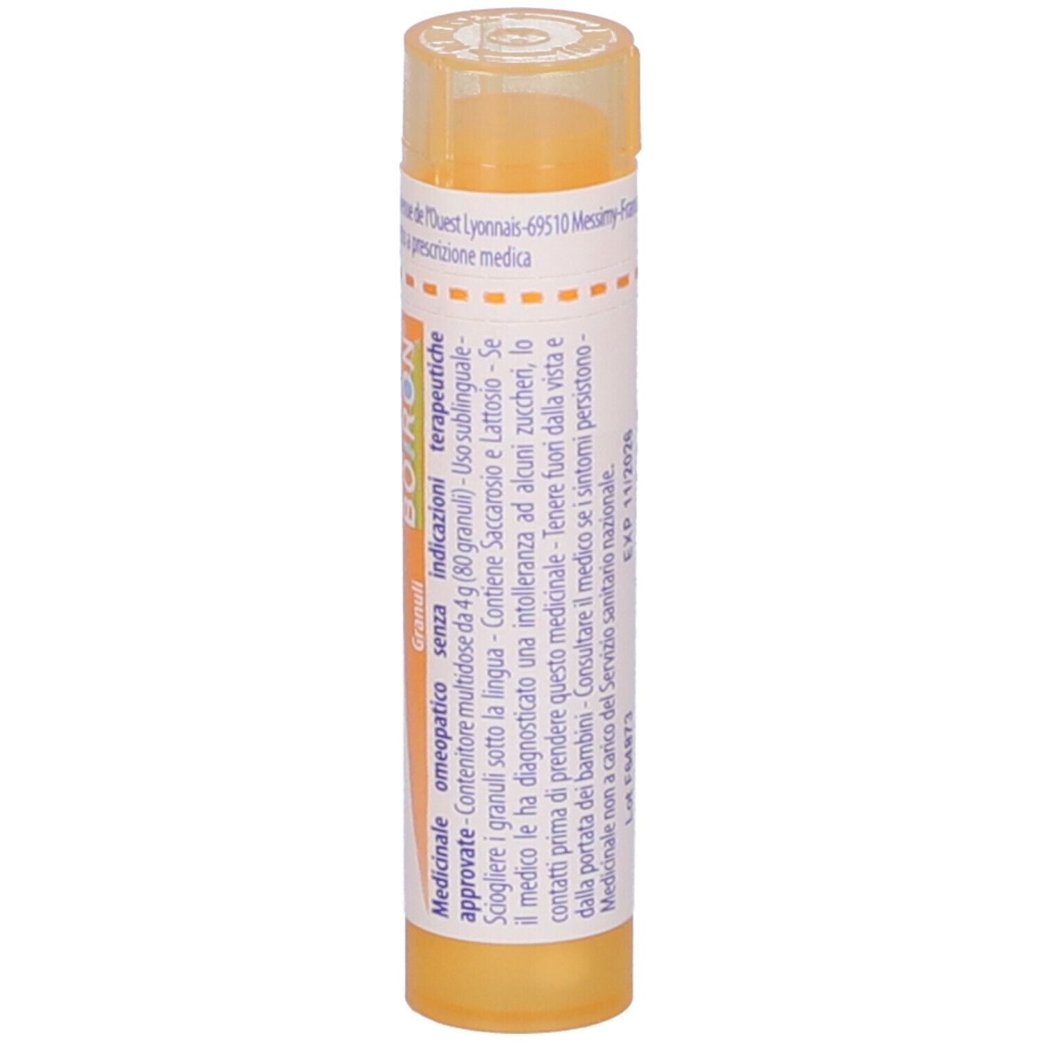 Confezione cilindrica gialla con testo bianco. Scritta: Phytolacca decandra, 15 ch, BOIRON. Granuli. Con istruzioni per l'uso.