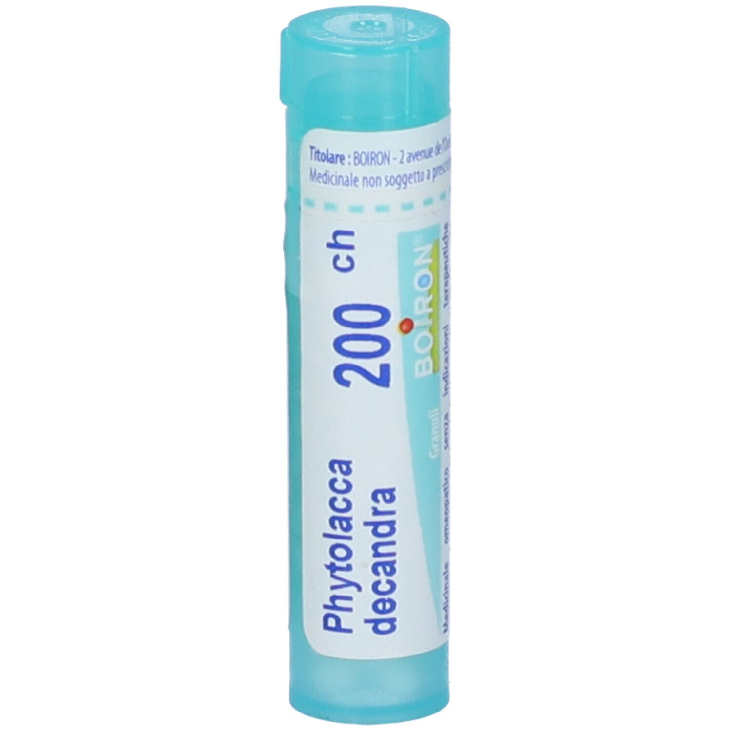 Confezione cilindrica azzurra. Scritte: Phytolacca decandra, 200 ch, BOIRON. Coperchio in alto.