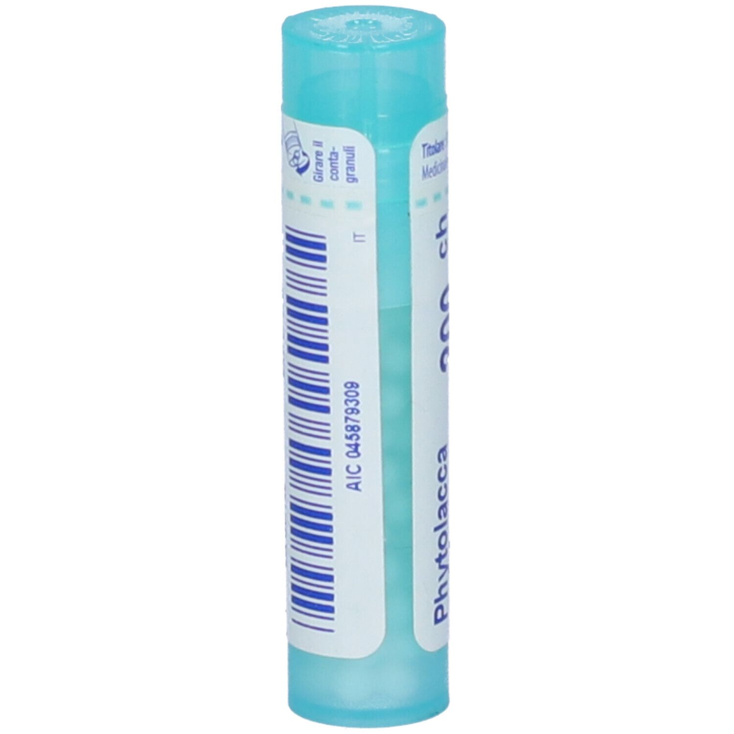 Confezione cilindrica azzurra. Scritte: Phytolacca decandra, 200 ch. Codice a barre e altre informazioni.