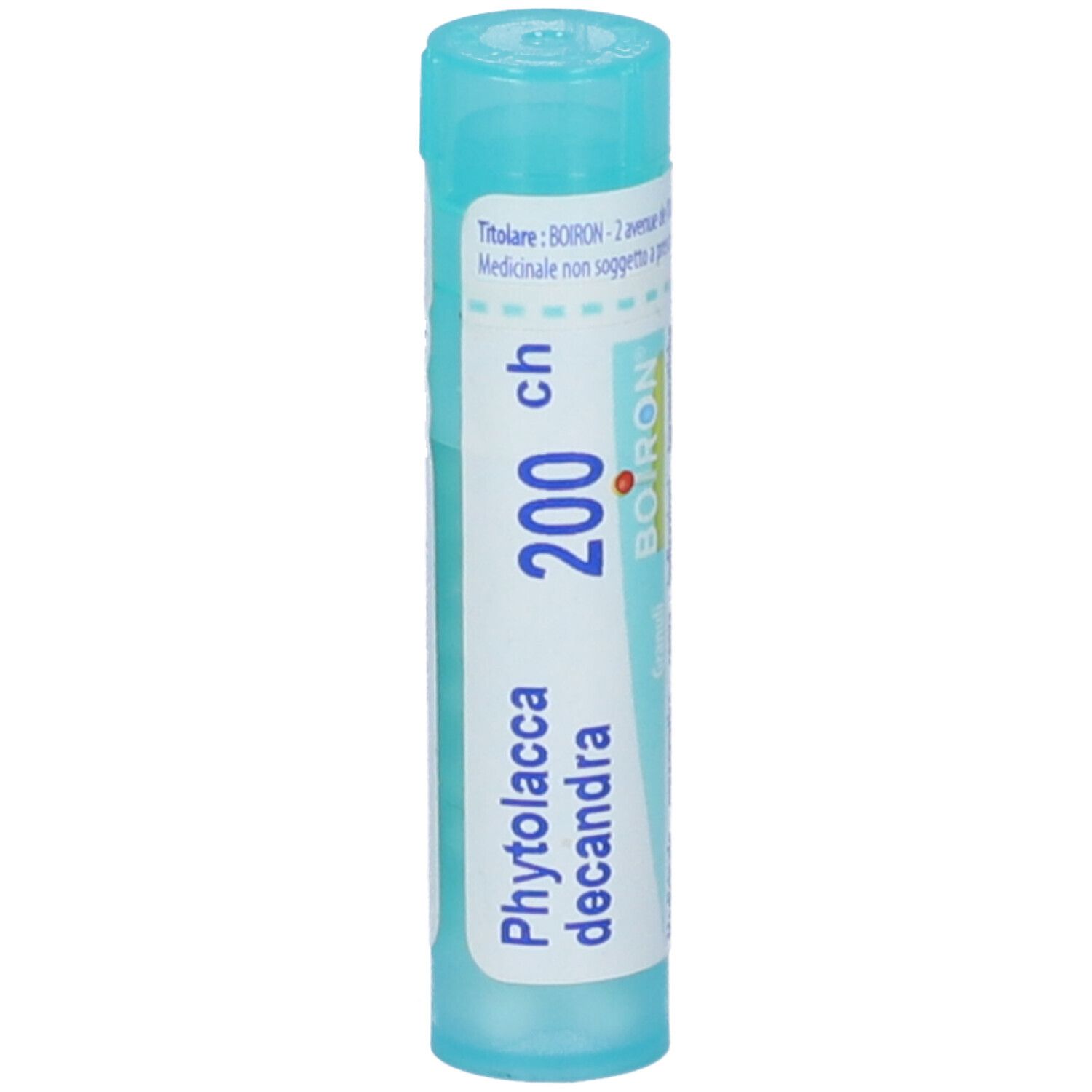 Confezione cilindrica azzurra. Scritte: Phytolacca decandra, 200 ch, BOIRON. Coperchio in alto.