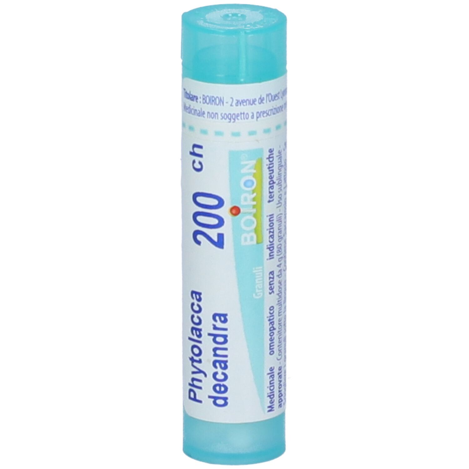 Confezione cilindrica azzurra. Scritte: Phytolacca decandra, 200 ch, BOIRON. Ulteriori informazioni.