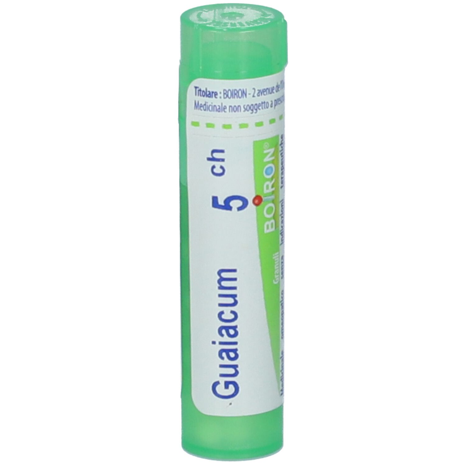 Contenitore multidose cilindrico verde. Scritte: Guaiacum, 5 ch, BOIRON. Contiene granuli.
