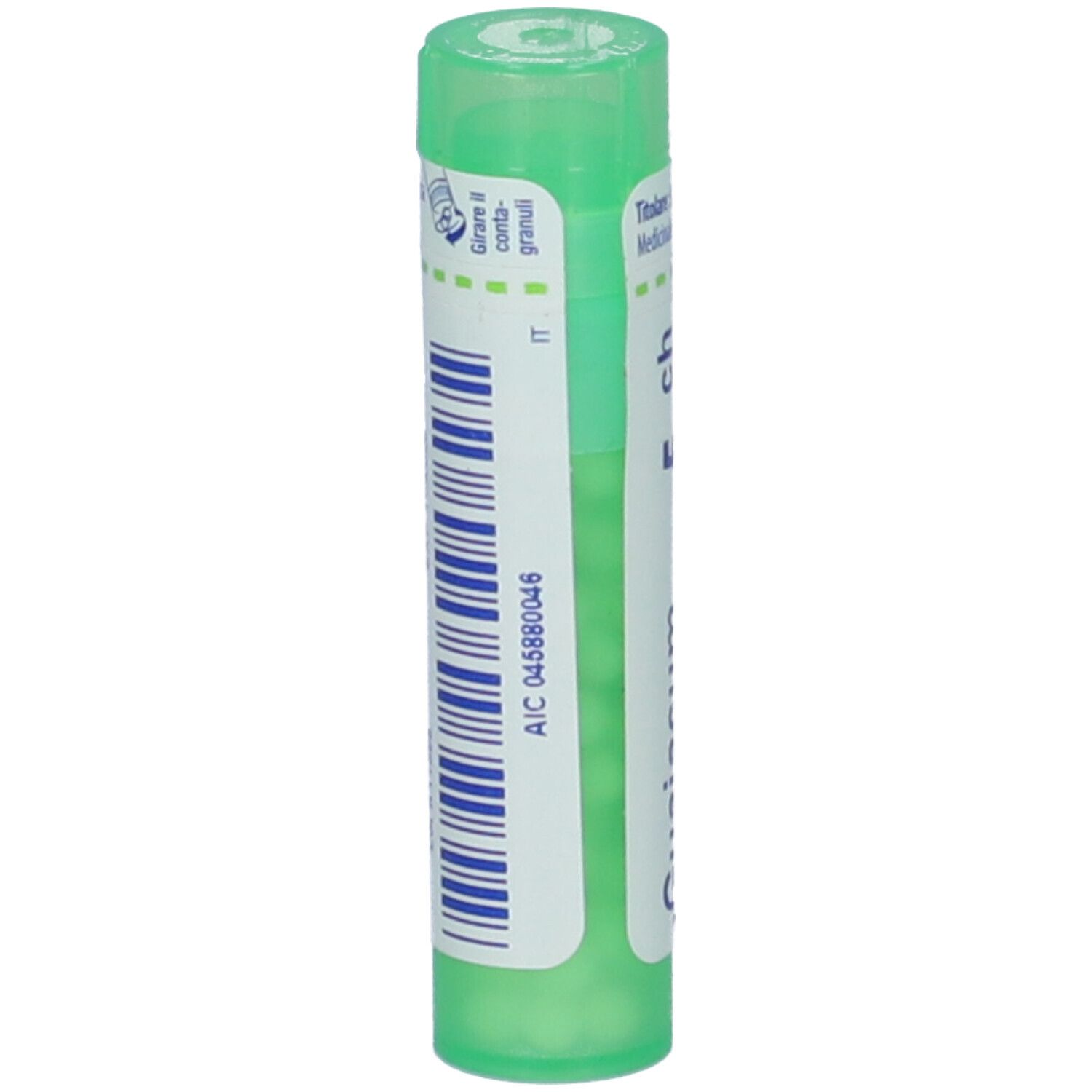 Contenitore multidose cilindrico verde. Scritte: Guaiacum, 5 ch, BOIRON. Contiene granuli.