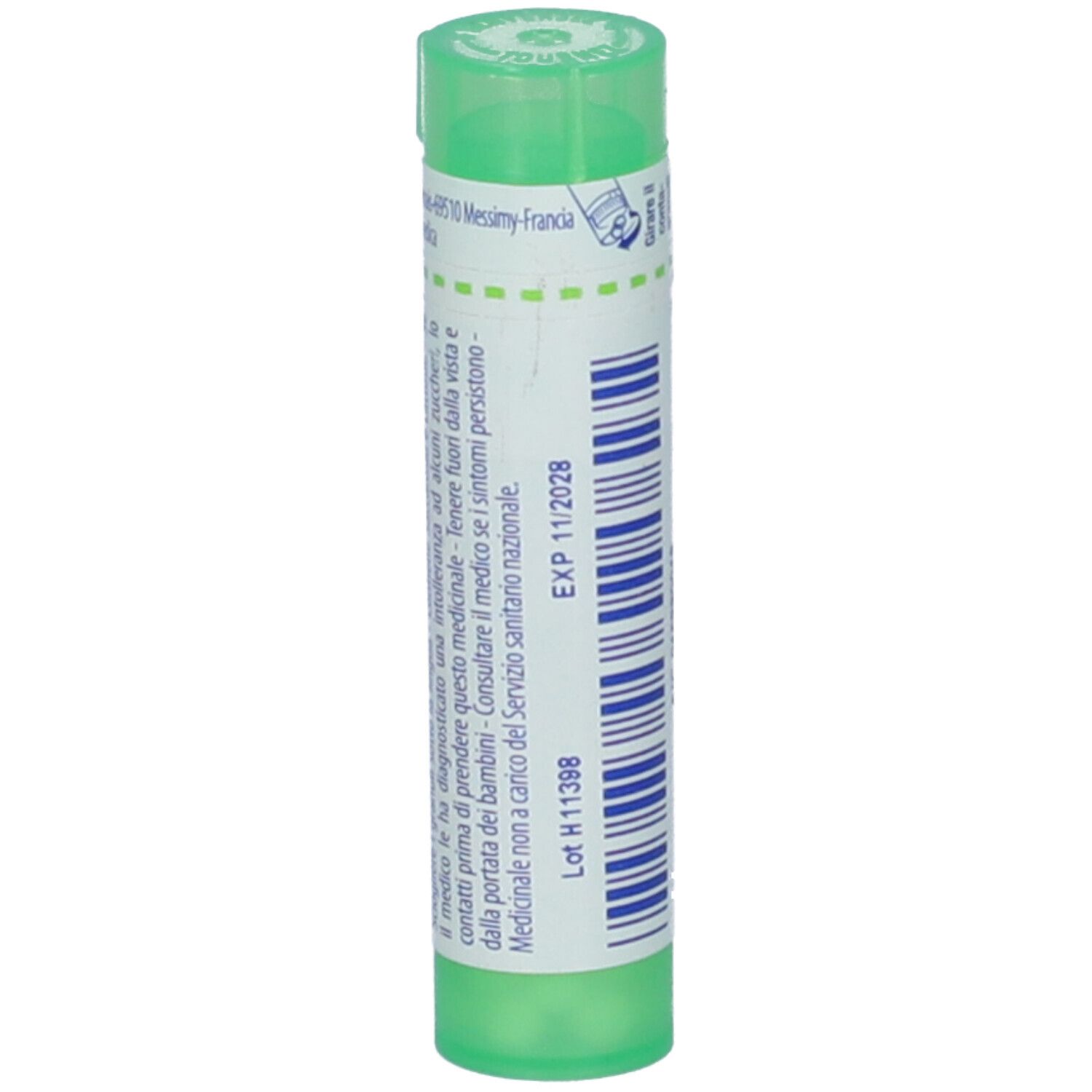 Contenitore multidose cilindrico verde. Scritte: Guaiacum, 5 ch. Contiene granuli. Numero di lotto e scadenza.