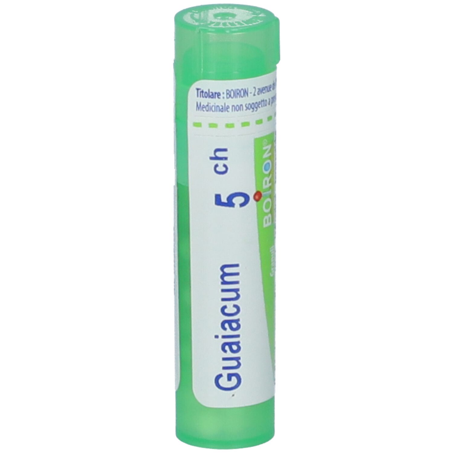 Contenitore multidose cilindrico verde. Scritte: Guaiacum, 5 ch, BOIRON. Contiene granuli.