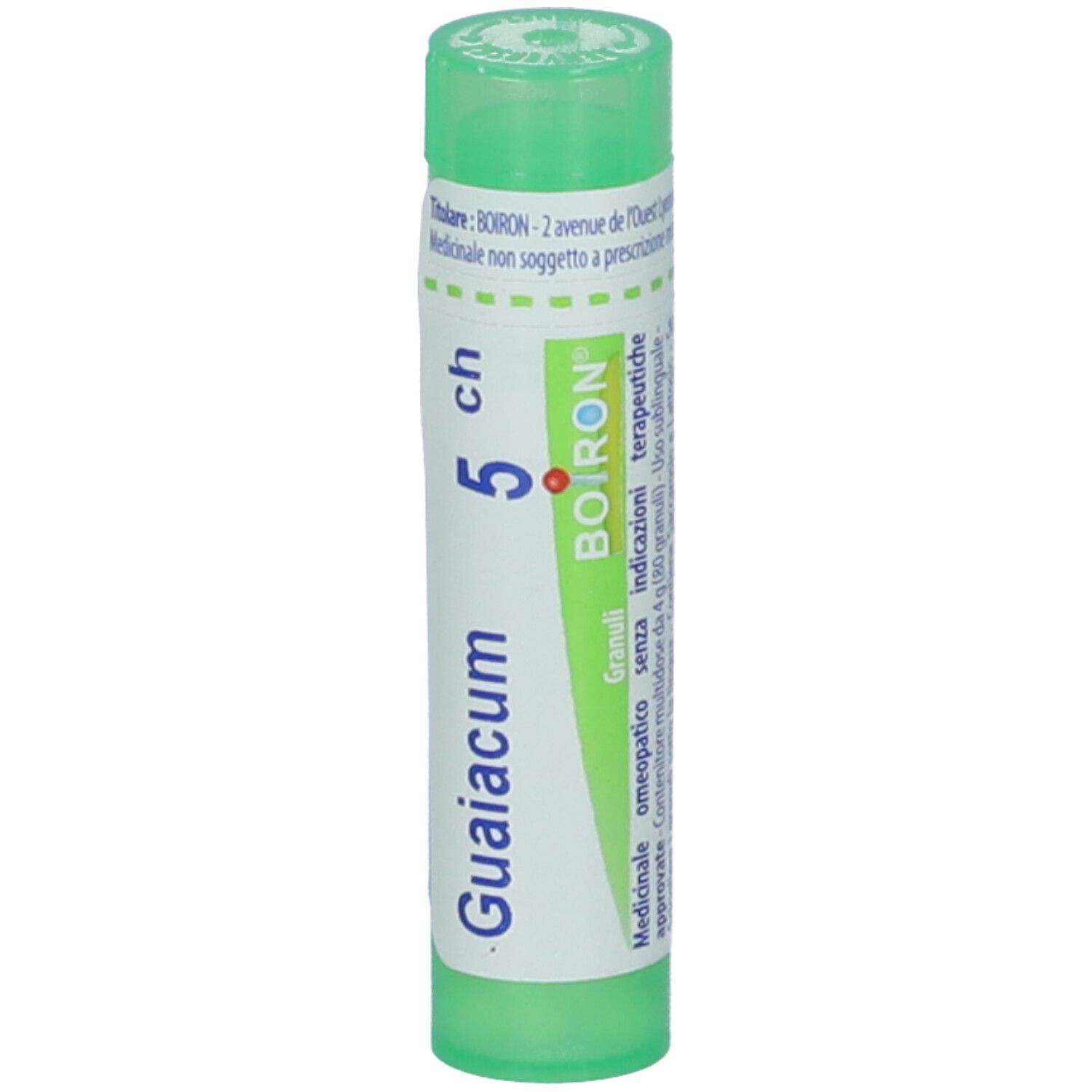 Contenitore multidose cilindrico verde. Scritte: Guaiacum, 5 ch, BOIRON. Contiene granuli.