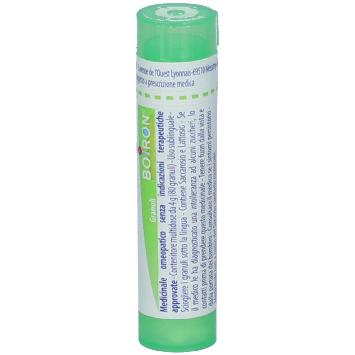 Contenitore multidose cilindrico verde. Scritte: Guaiacum, 5 ch, BOIRON. Contiene granuli. Informazioni sul prodotto.