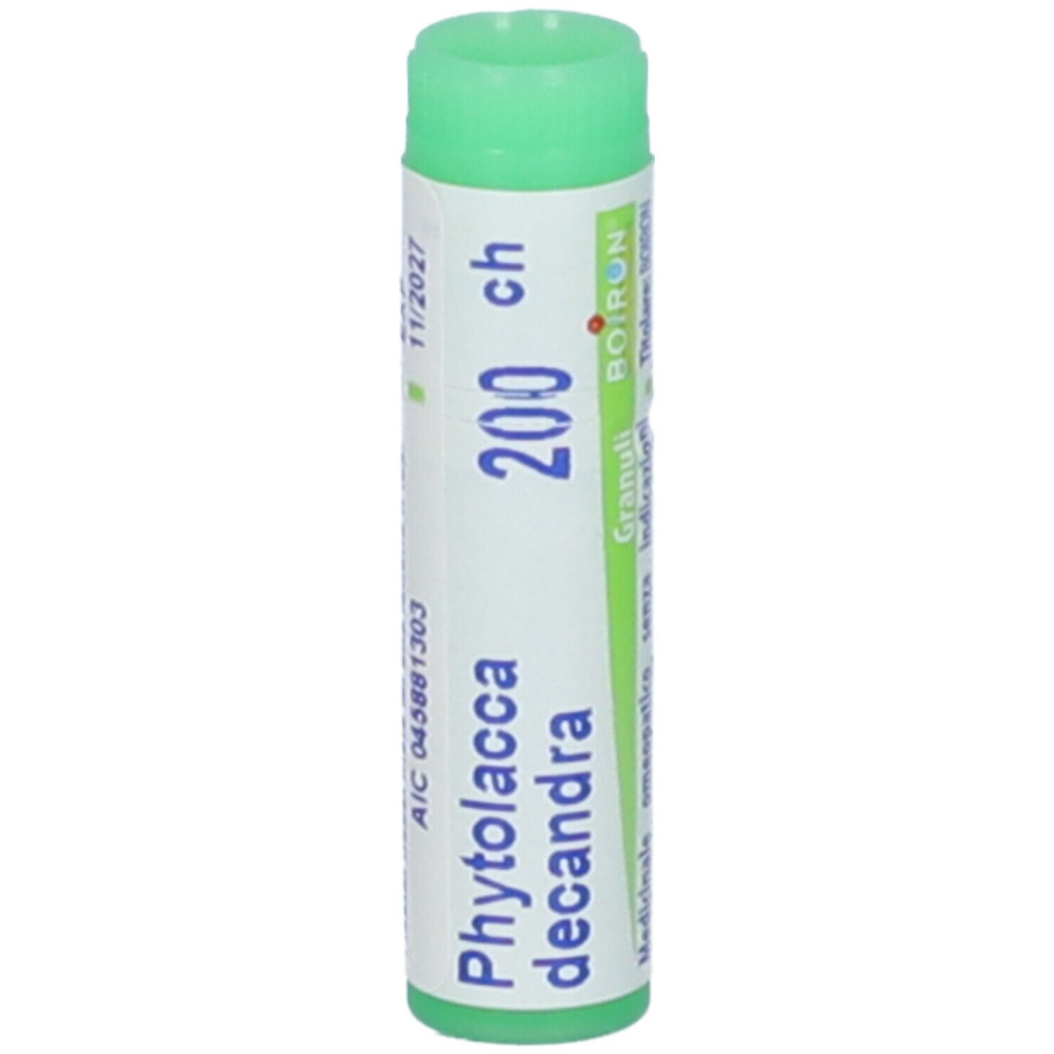 Confezione cilindrica verde. Scritta: Phytolacca decandra, 200 ch, Boiron. Stampato: 11/2027.